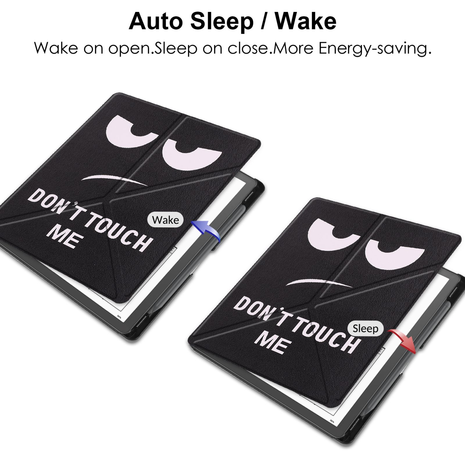 Zwei schwarze Tablethüllen mit Gesichtsdesign. Eine offen, eine geschlossen, mit Text.