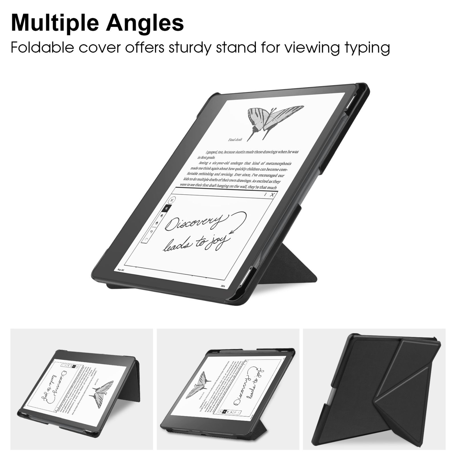 Tablet in mehreren Positionen. Text auf dem Bildschirm und der Hülle.