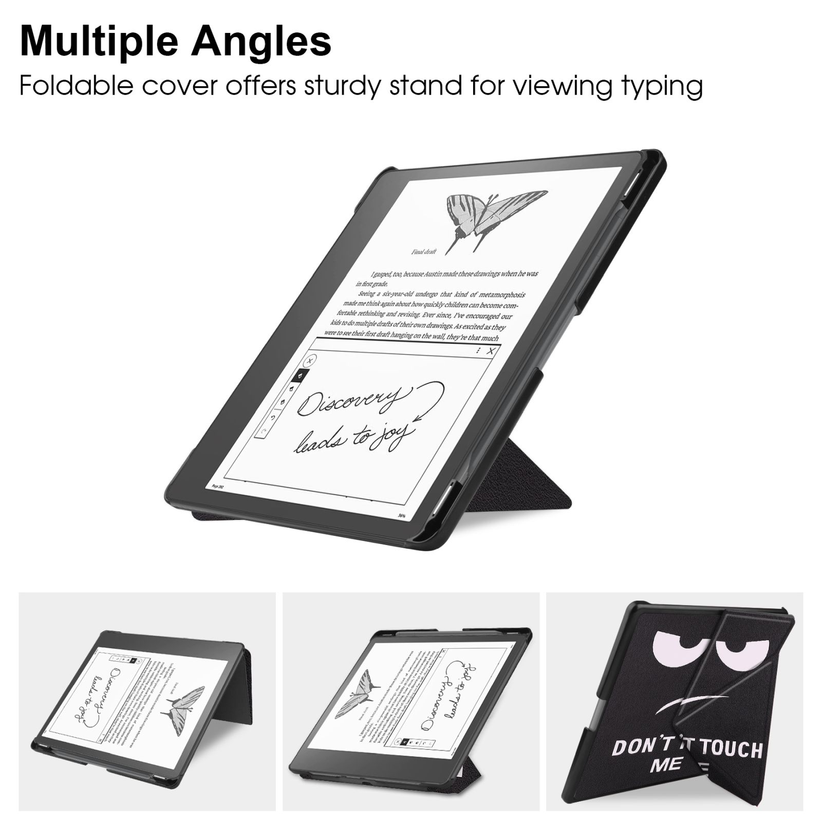 Tablet mit geöffnetem Buch, zeigt Text und Zeichnungen, mit drei weiteren Bildern.
