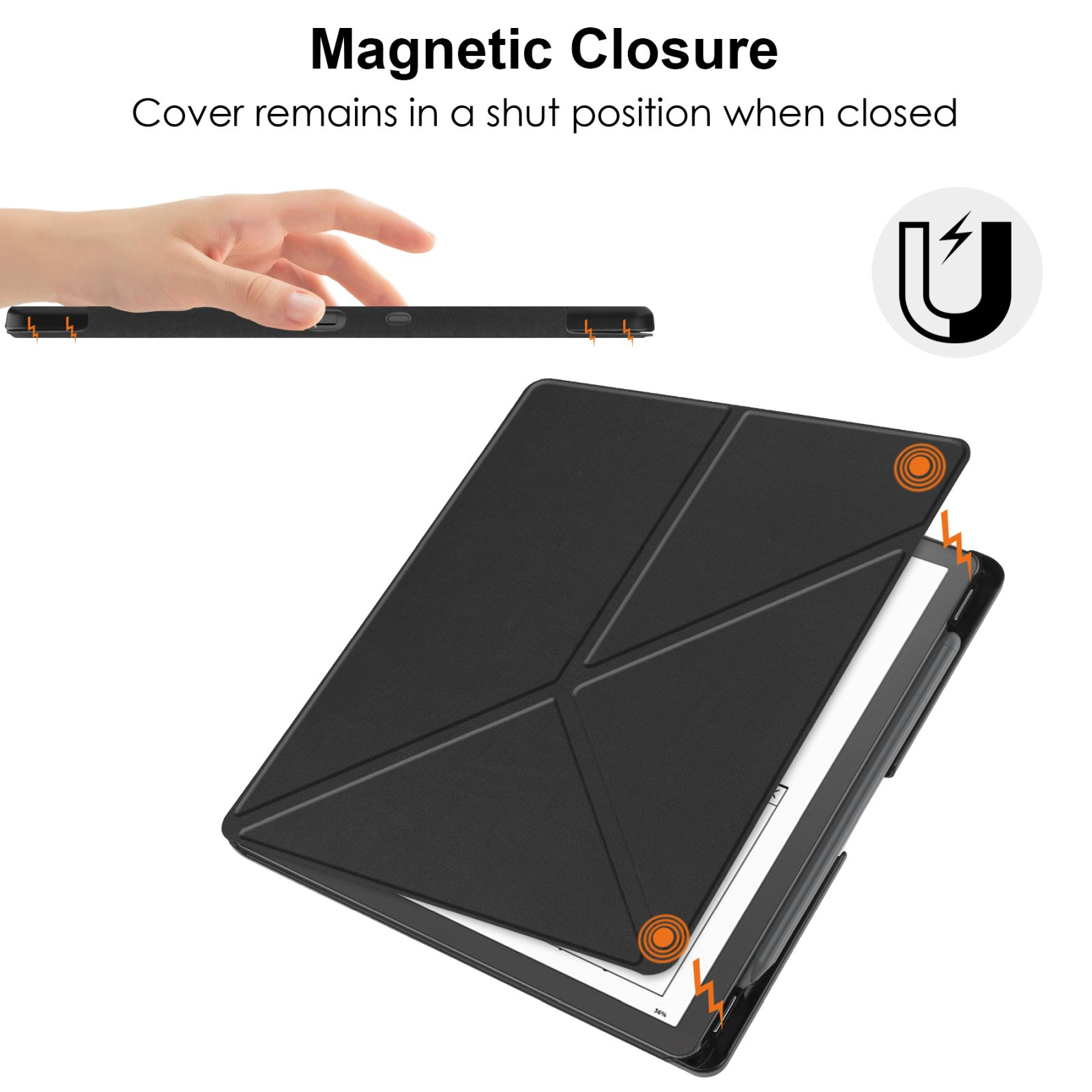 Eine schwarze Tablethülle, geöffnet. Eine Hand hält die Oberseite, und ein Magnet-Symbol ist in der Nähe. Das Tablet innen.