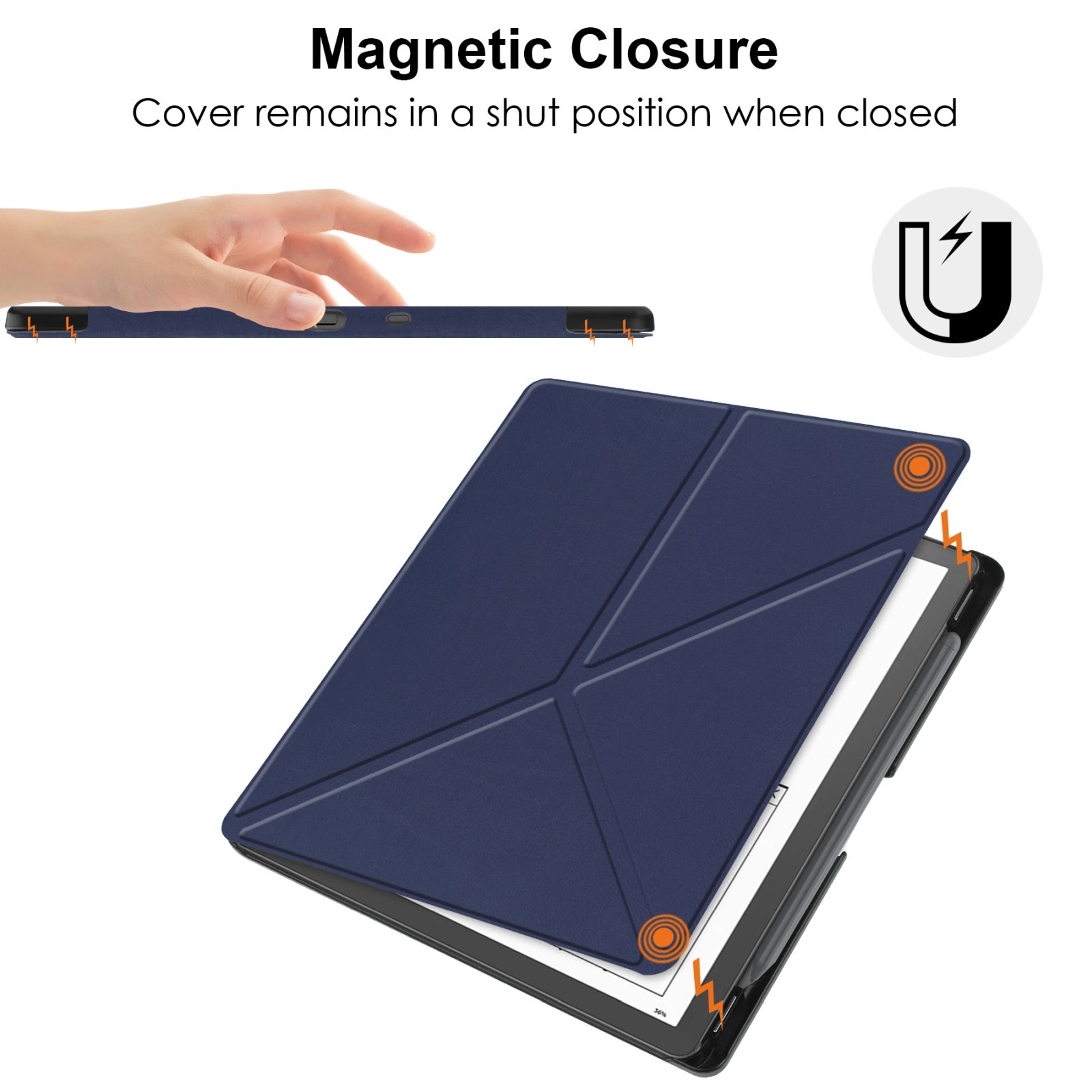 Tablet-Case, Magnetverschluss. Der Deckel bleibt geschlossen. Orange Kreise.