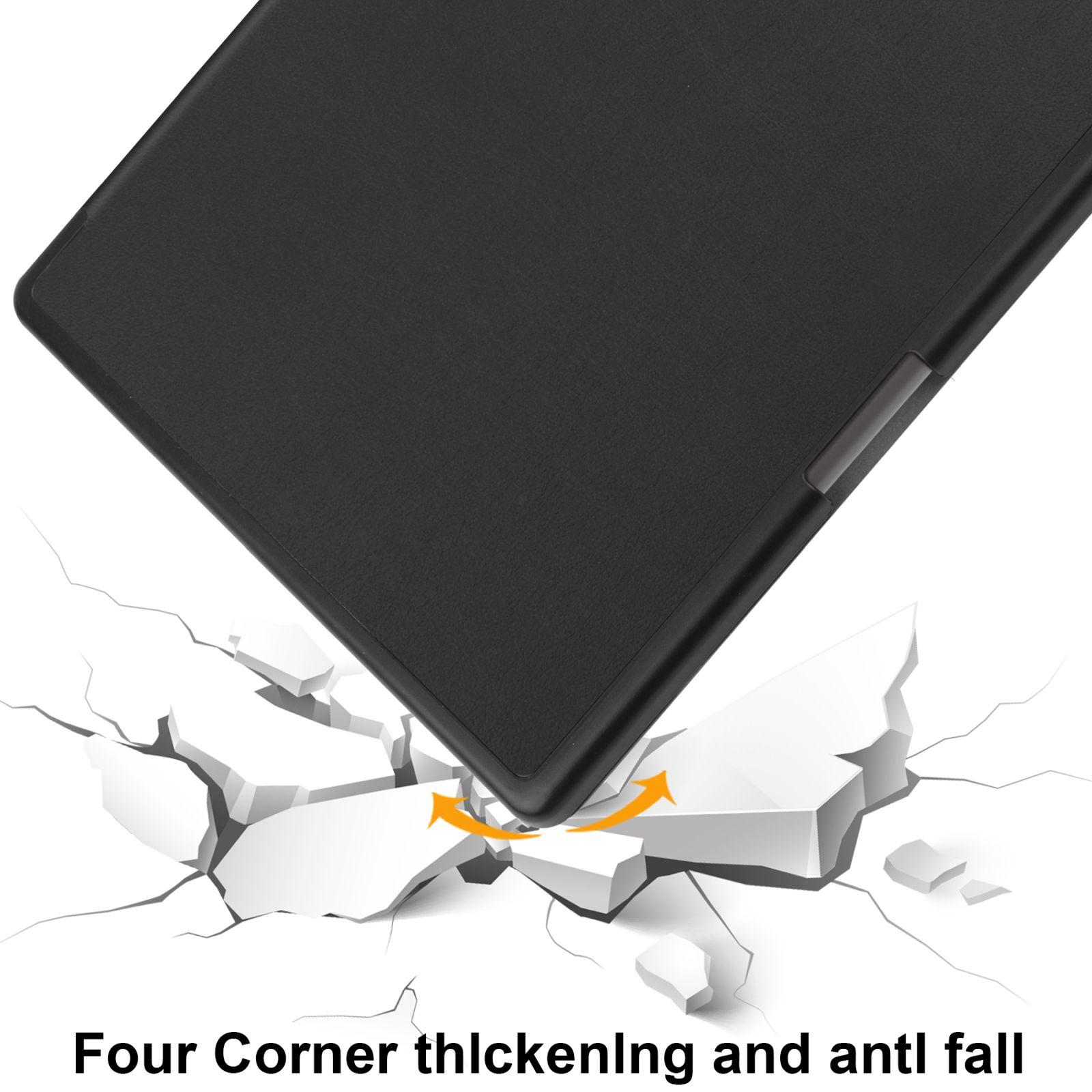 Schwarzes Tablet bricht eine weiße Oberfläche. Text: Four Corner thickening and anti fall.