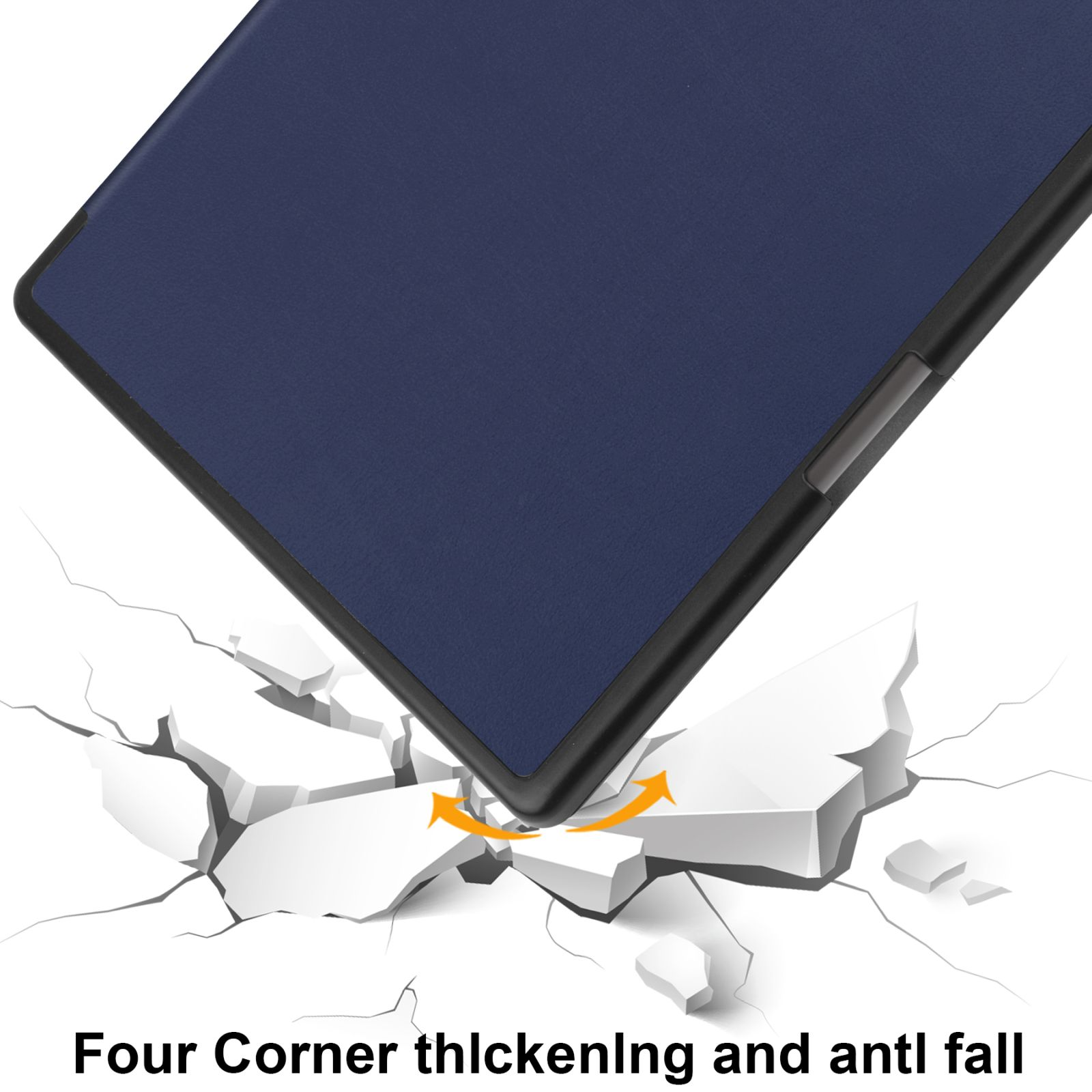 Tablet-Hülle mit blauem Cover, auf einer zerbrochenen Oberfläche, zeigt Eckenschutz.