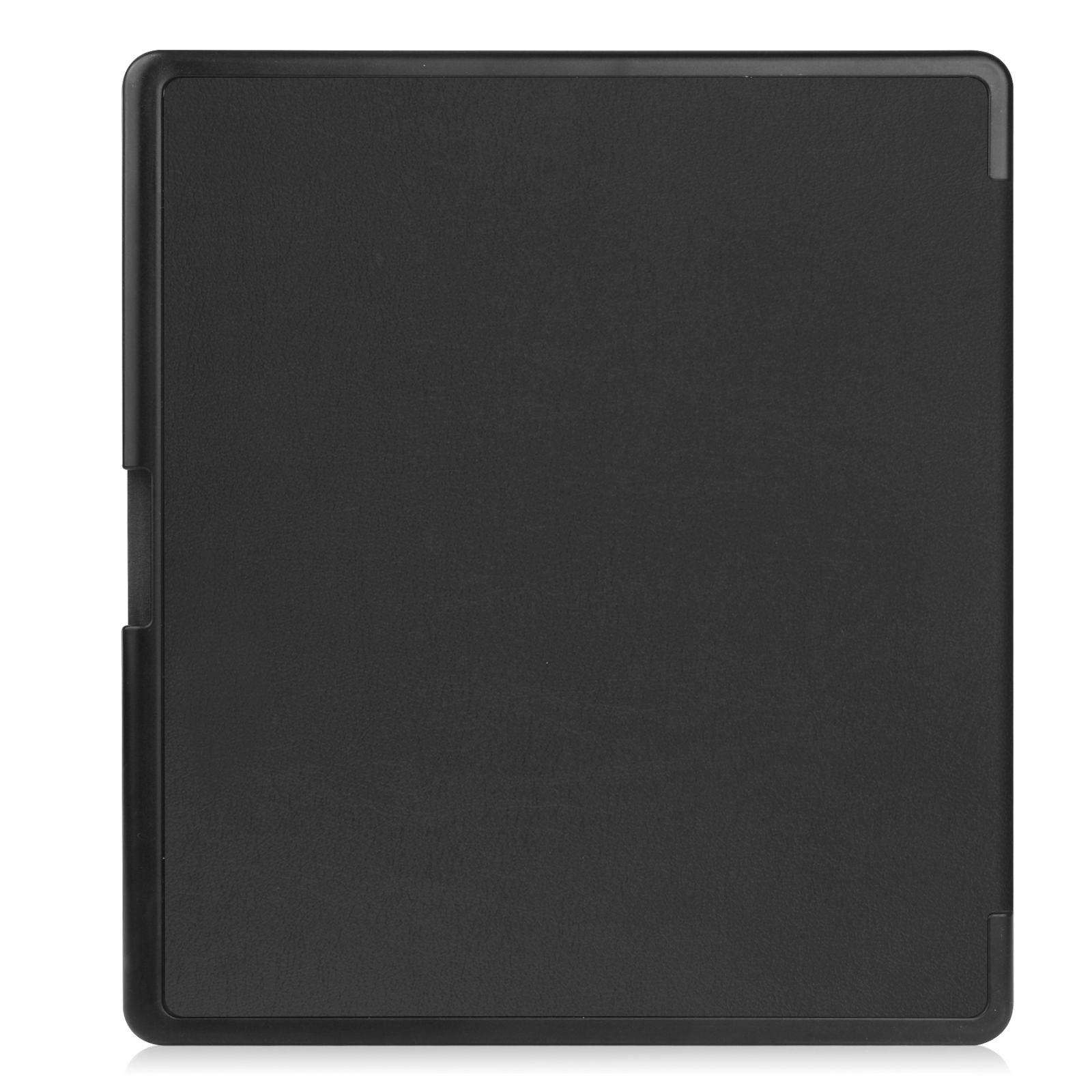 Geschlossene schwarze Tablethülle. Glatte Oberfläche mit Rahmen. Draufsicht, zentriert.
