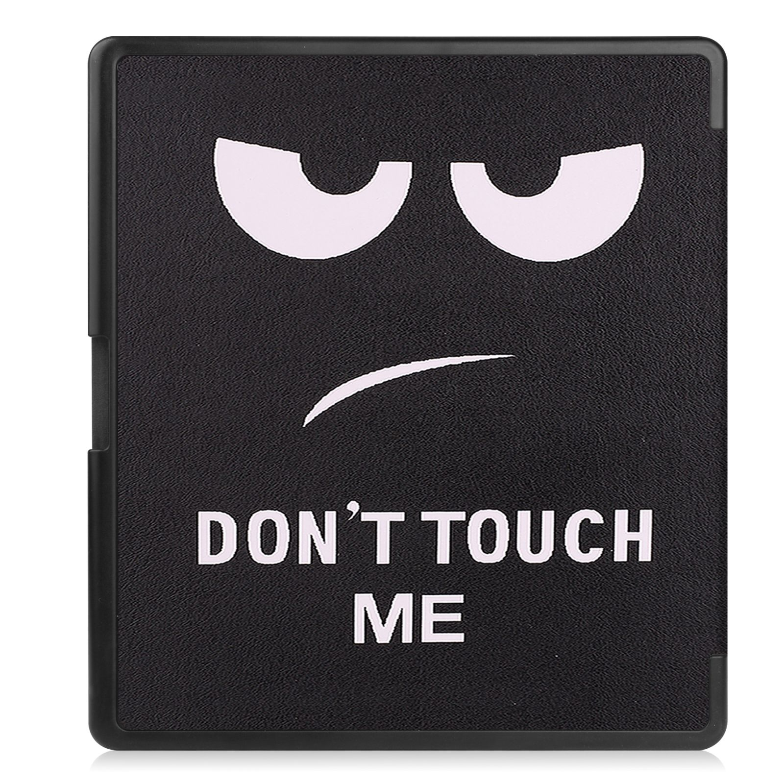 Schwarze Tablet-Hülle mit einem traurigen Gesicht. Text: 'DON'T TOUCH ME'.
