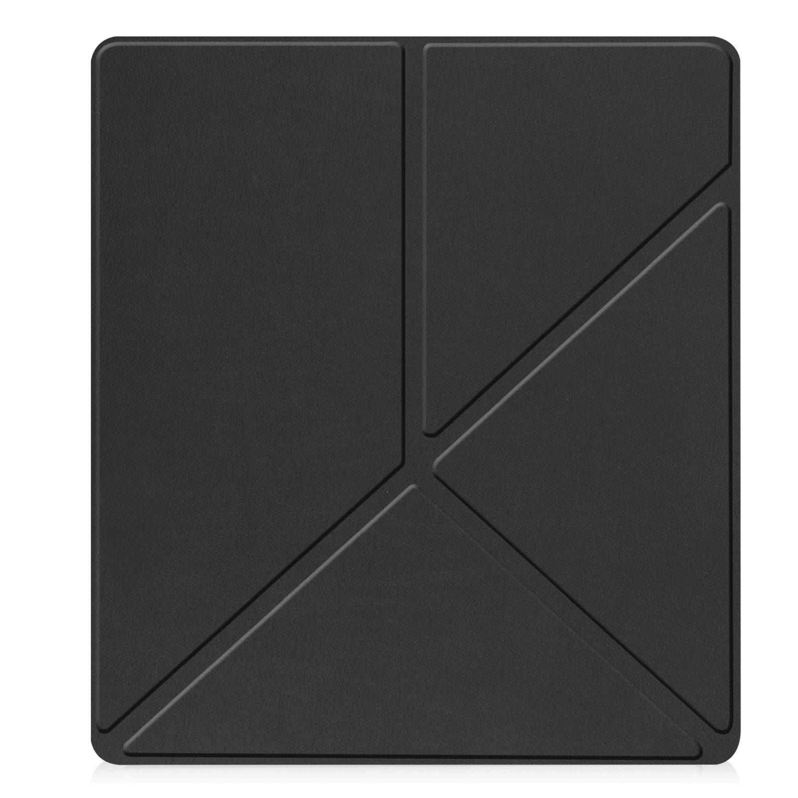Schwarze Tablethülle mit geometrischem Design. Die Hülle ist geschlossen.