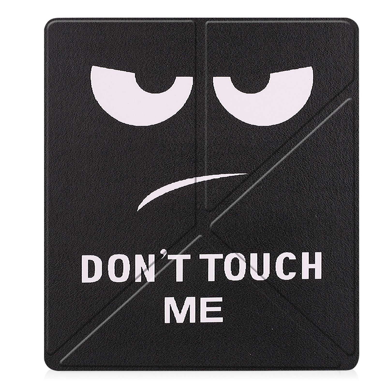 Schwarze Tablet-Hülle mit einem wütenden Gesicht und dem Text 'DON'T TOUCH ME'.