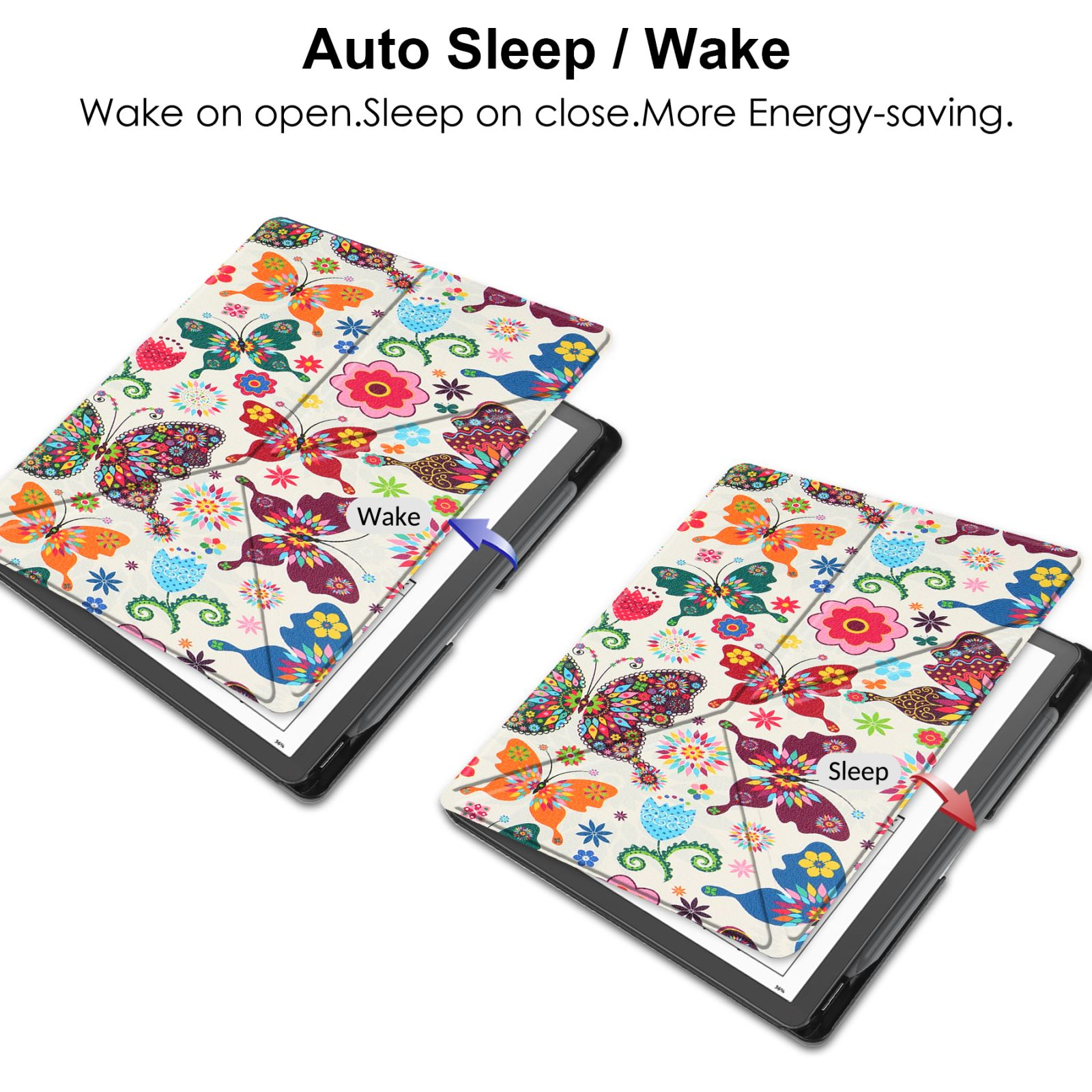 Zwei Tablets mit bunten Schmetterlingsdesigns. Sie sind in geöffneter und geschlossener Position.