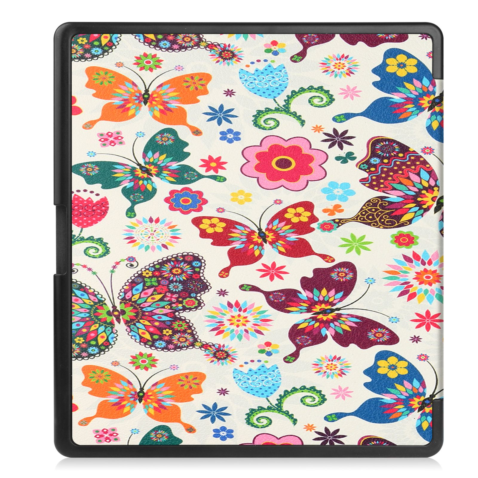 Eine Tablet-Hülle mit farbenfrohem Schmetterlingsdesign. Der Hintergrund ist weiß mit floralen Mustern.