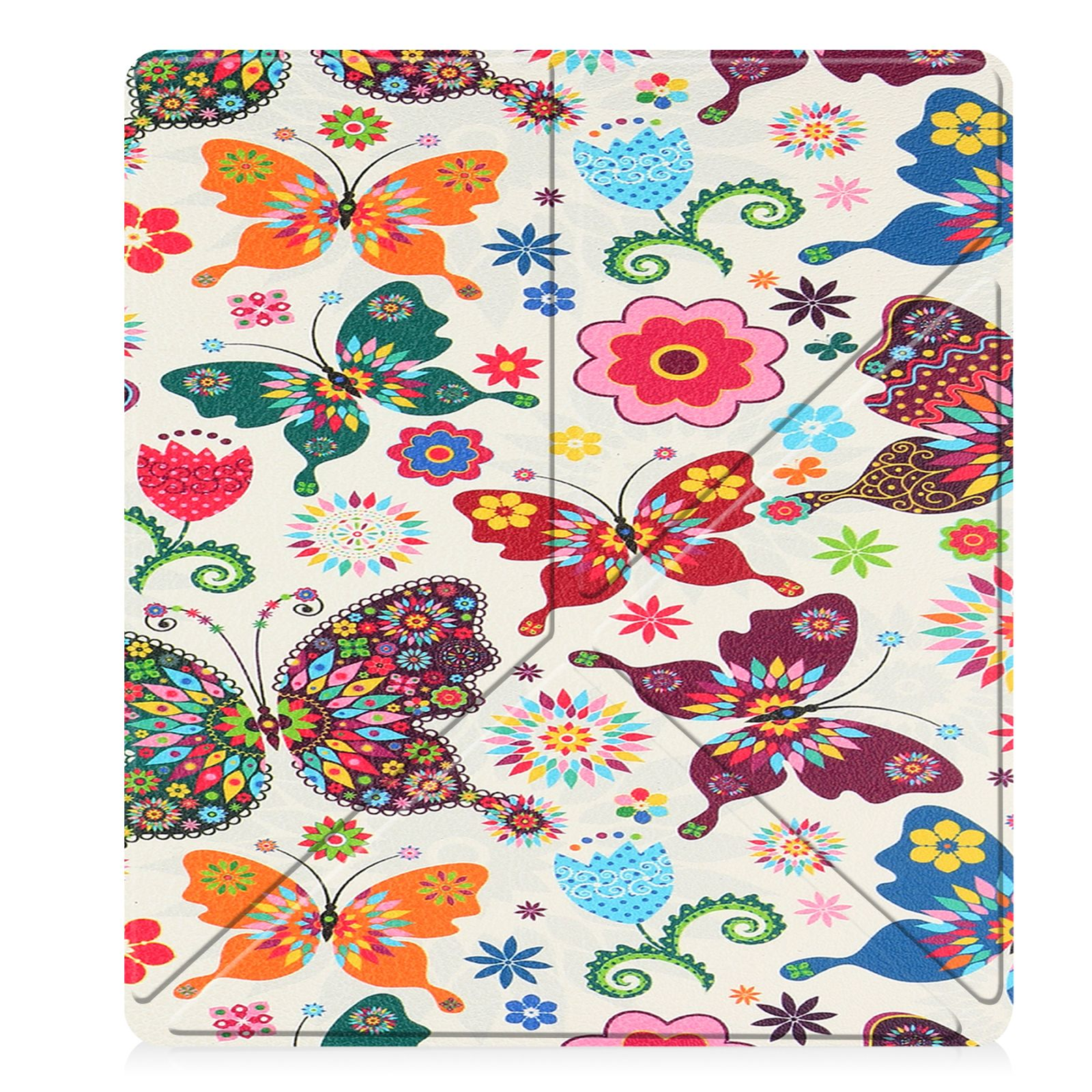 Tablethülle mit buntem Schmetterlingsmuster. Weißer Hintergrund. Schmetterlinge und Blumen.