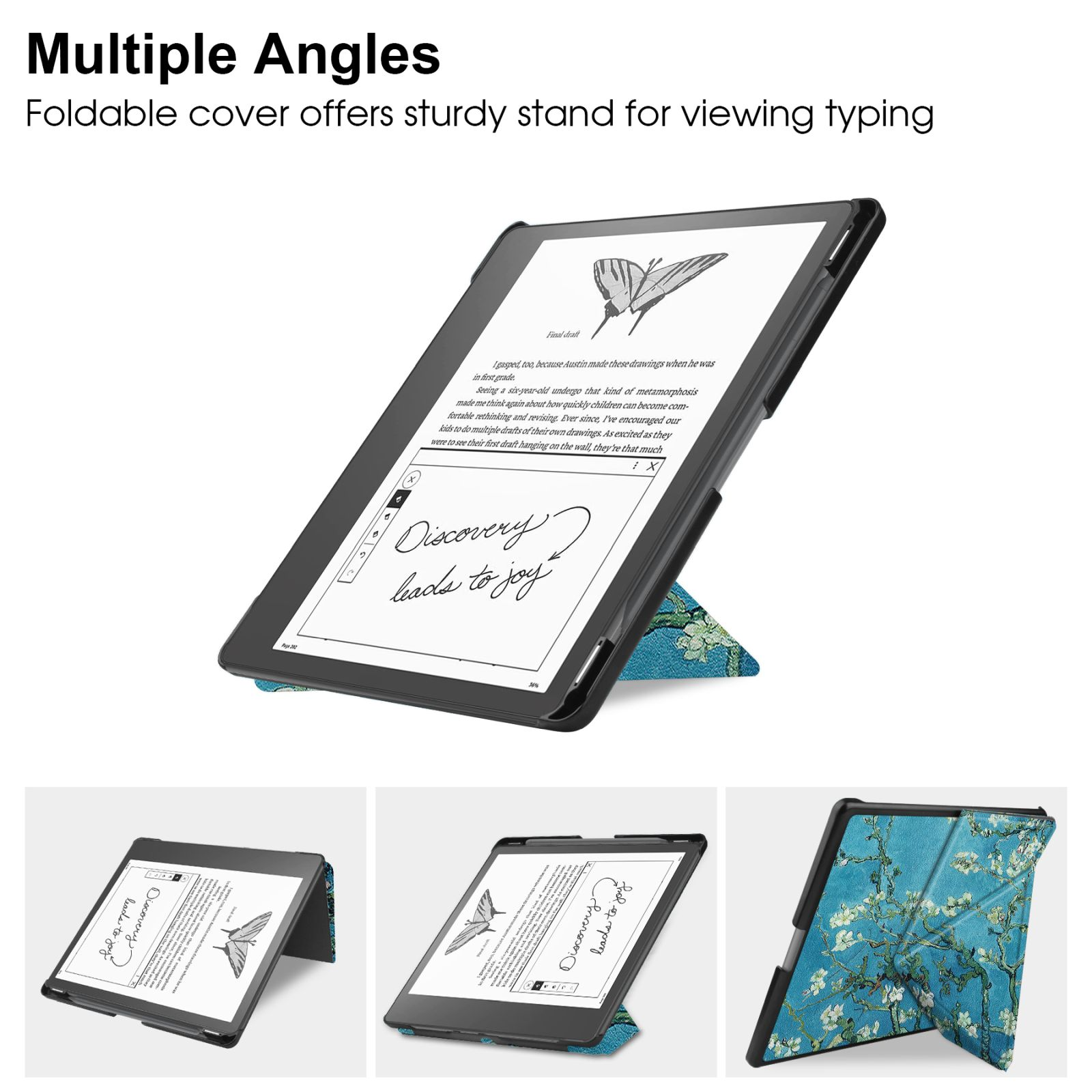Tablet mit geöffnetem Etui, das Text und Illustrationen zeigt, mit verschiedenen Blickwinkeln.