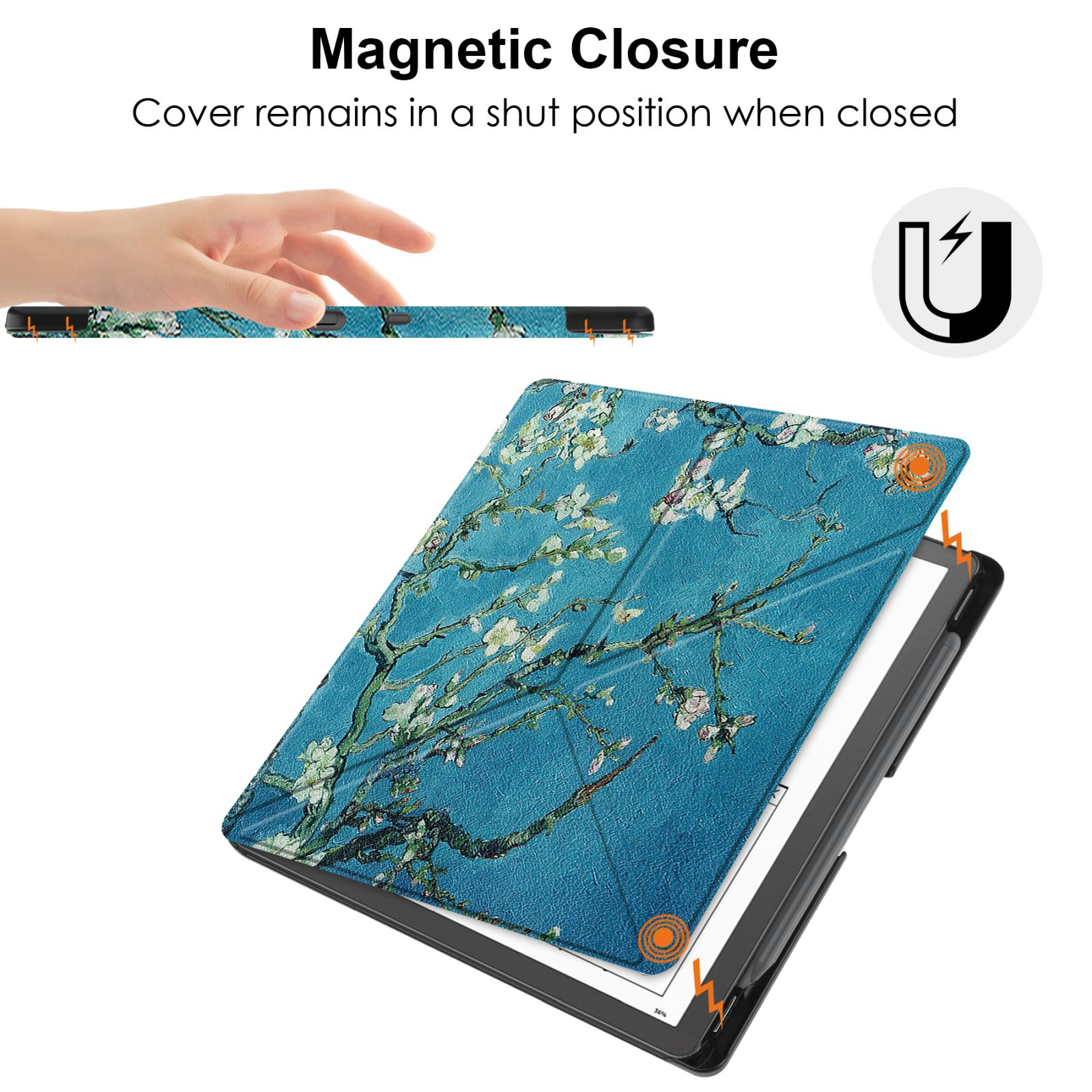 Blaues Etui mit Blumendesign, offen gezeigt, hält ein Tablet. Handgeste zum Schließen.