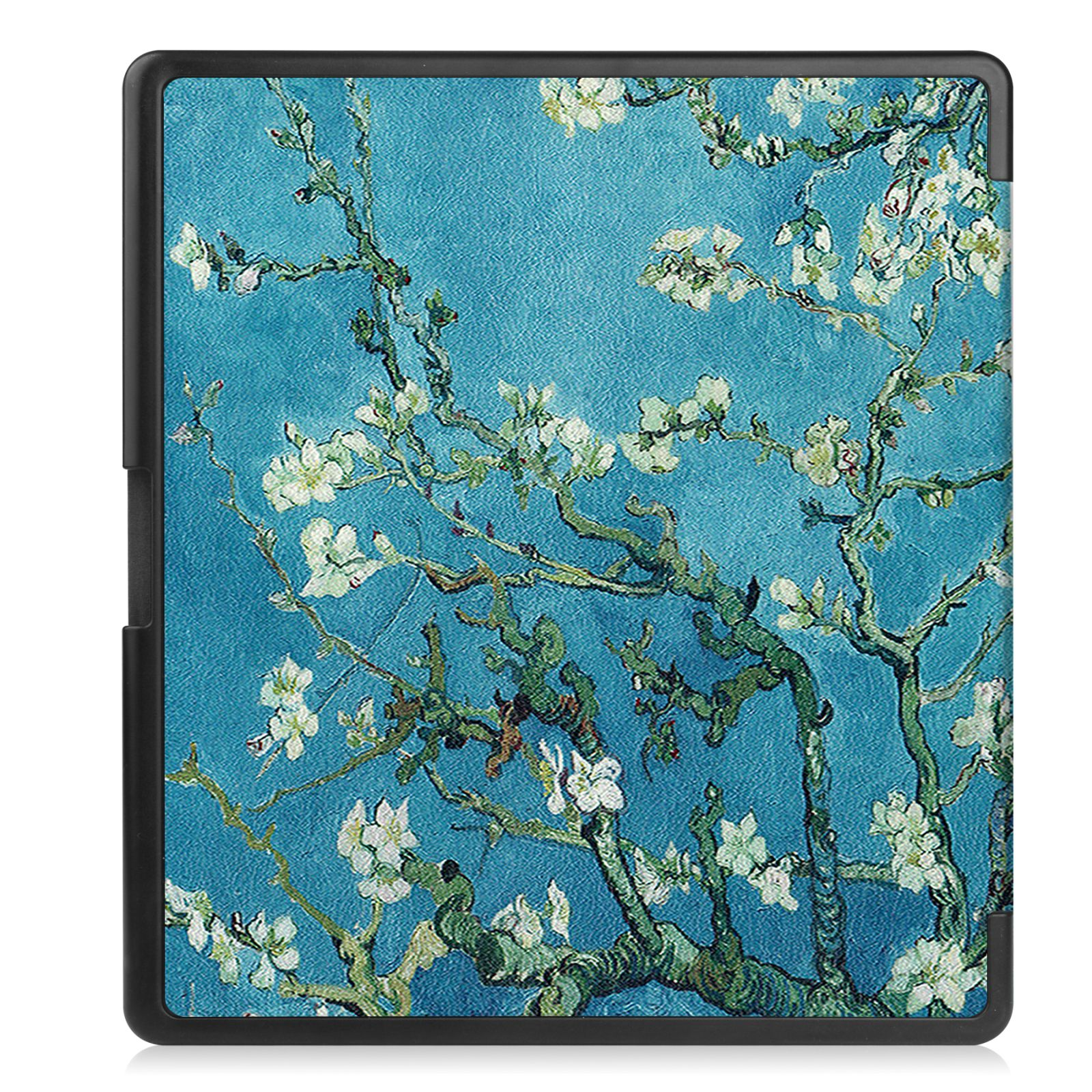 Tablethülle mit blauem Hintergrund und Van Goghs Gemälde 'Mandelblüten'.