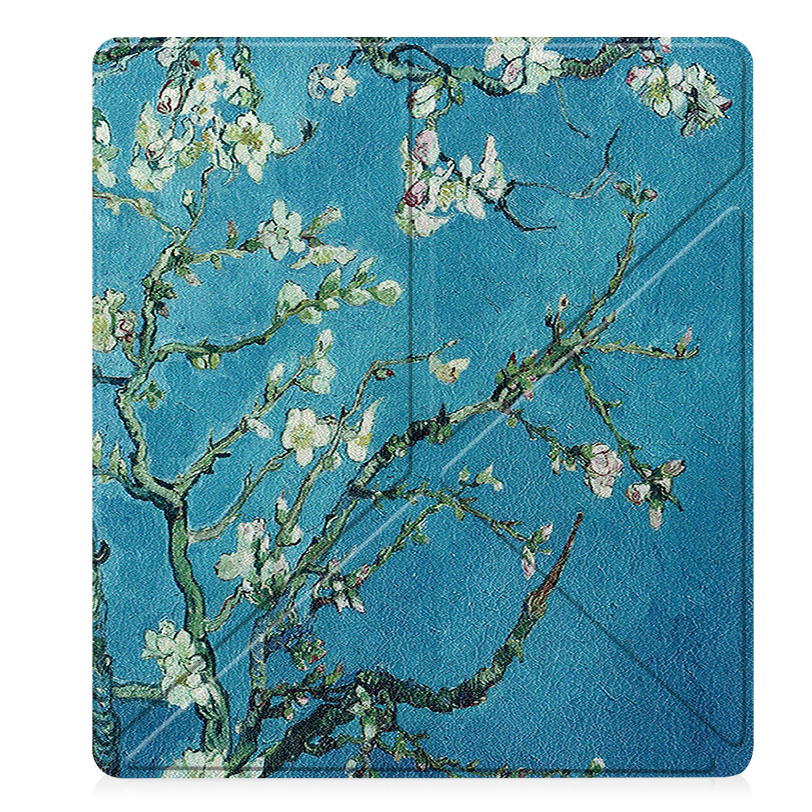 Tablethülle mit blauem Design. Der Umschlag zeigt ein Blumendesign mit weißen Blüten.