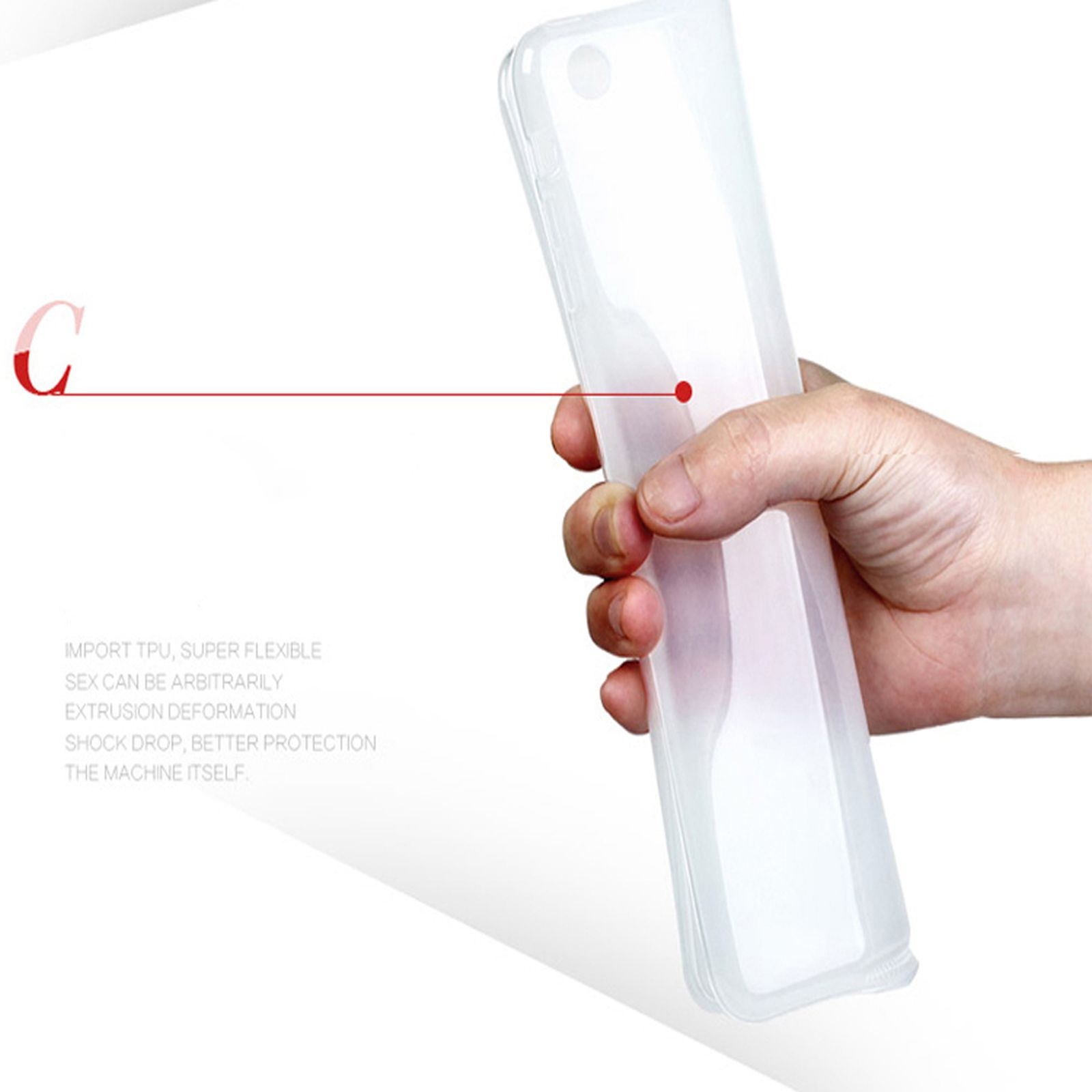 Eine Hand hält eine transparente Handyhülle. Im Hintergrund befindet sich ein Text über das Produkt.