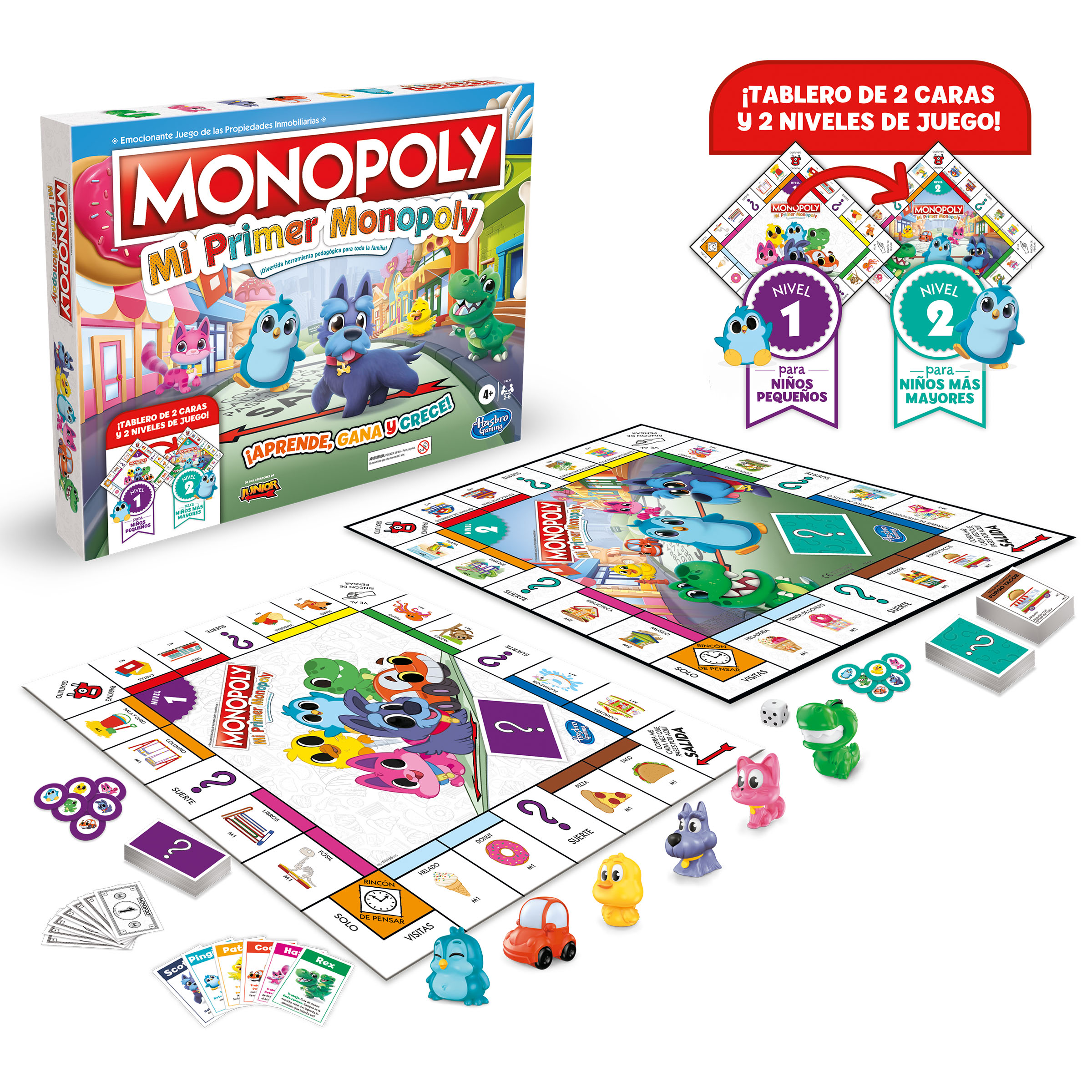 Caja del juego de mesa Monopoly con dos tableros, piezas y personajes de animales de dibujos animados.