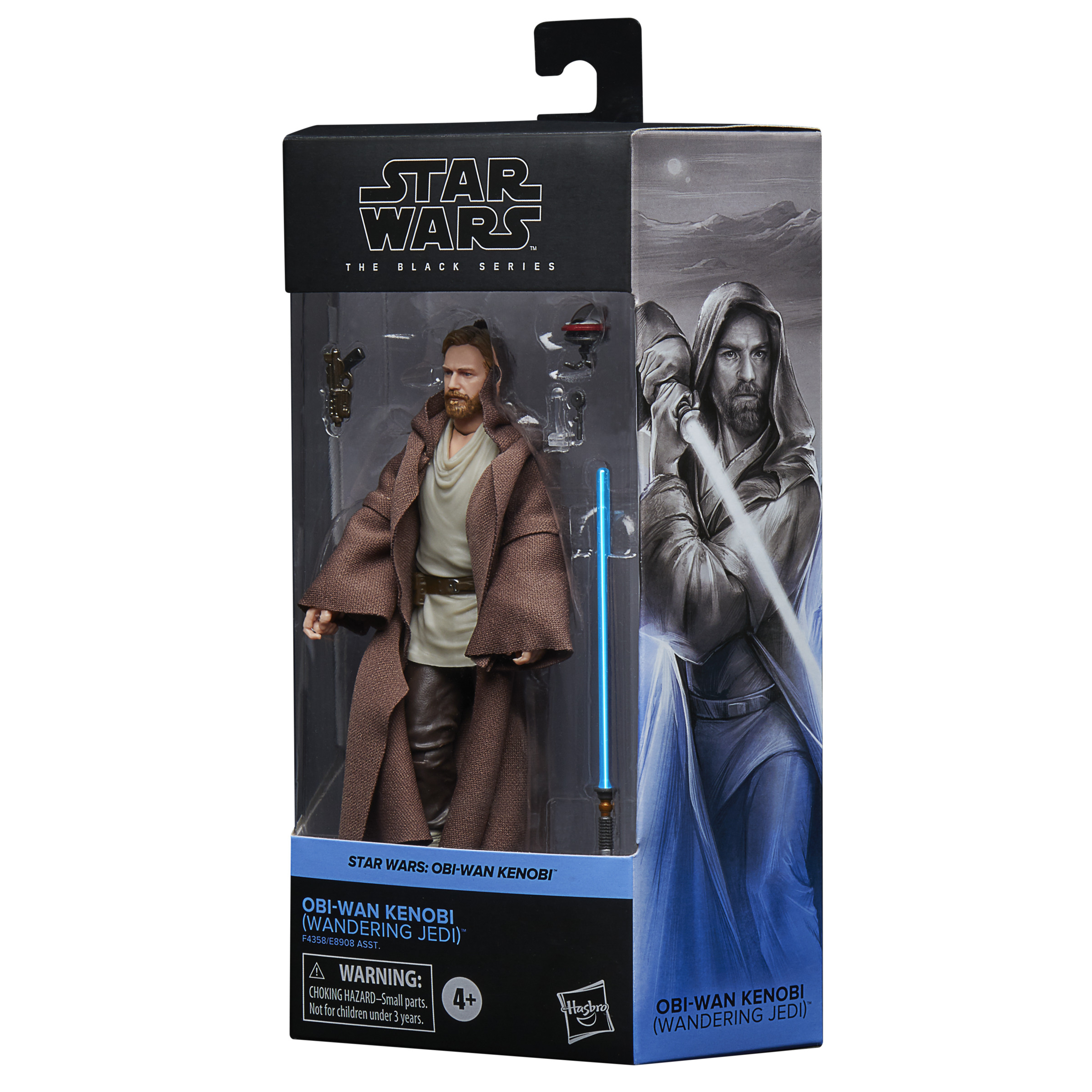 Figura de acción de Star Wars en embalaje. Obi-Wan Kenobi con túnicas marrones y un sable de luz azul.