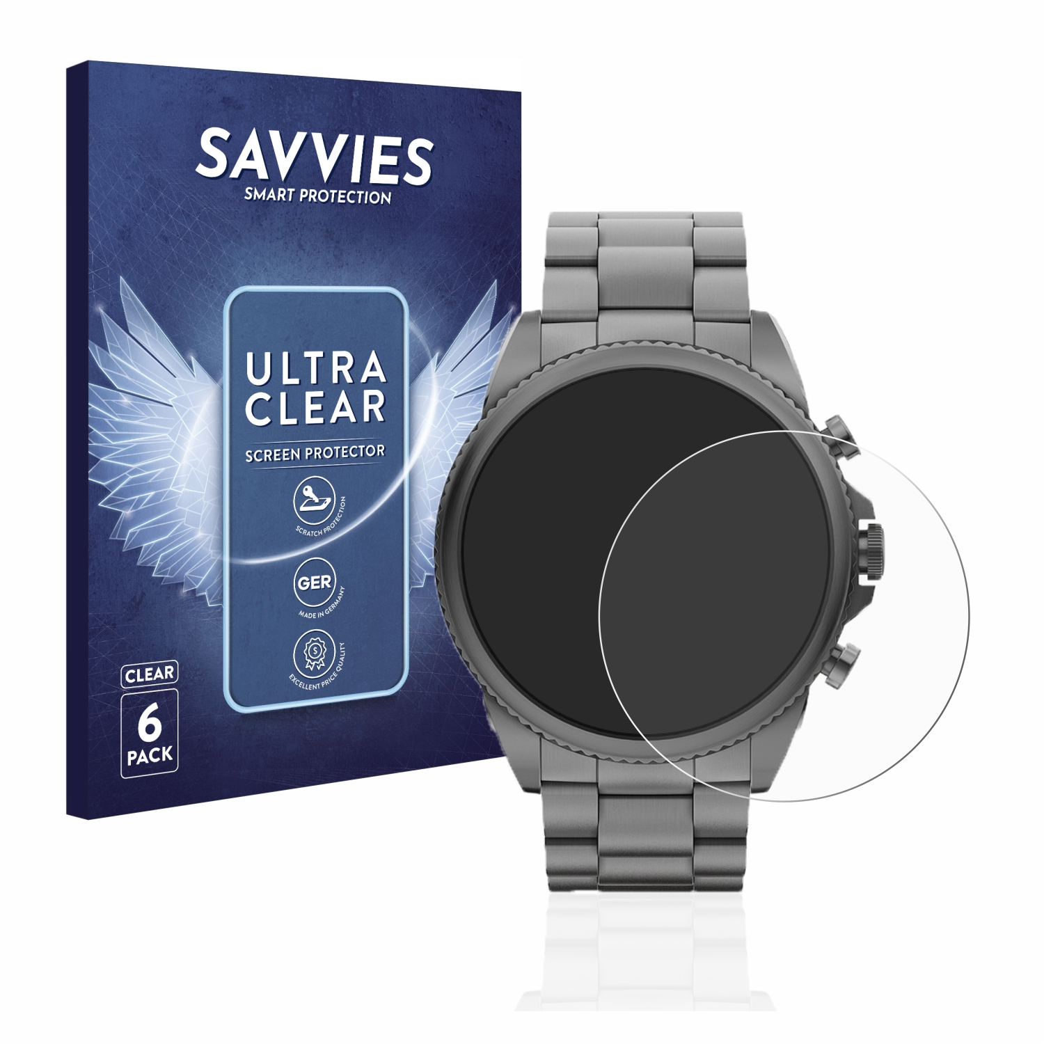 Eine Smartwatch mit Displayschutz und Verpackung. Die Uhr ist silber, der Bildschirm schwarz.