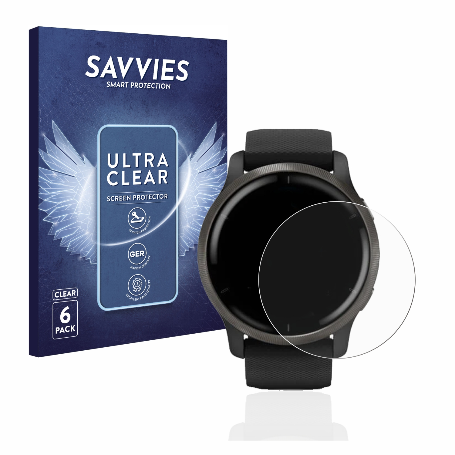 Eine Smartwatch und eine Displayschutzbox. Die Uhr ist schwarz, das Band ist schwarz, die Box blau.