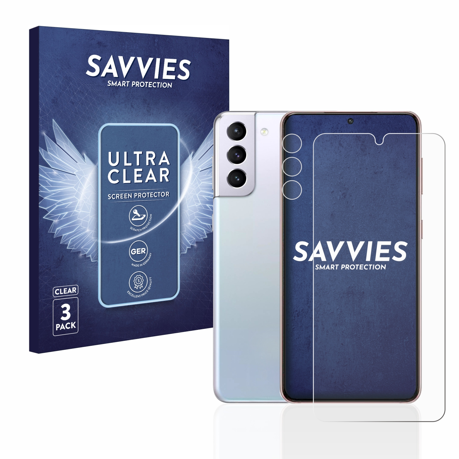 Eine Displayschutzfolienbox, ein silbernes Telefon und eine klare Displayschutzfolie. Das Telefon hat drei Kameralinsen.