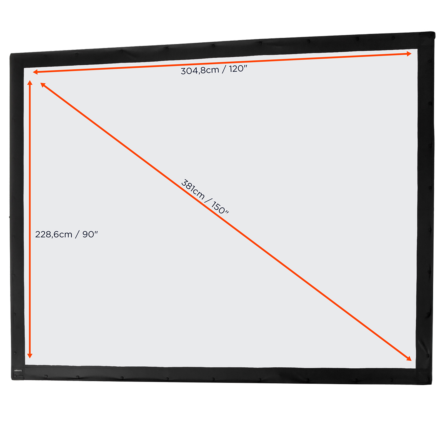 Schwarzer Projektionsbildschirm mit Abmessungen, zeigt diagonale und horizontale Messungen.