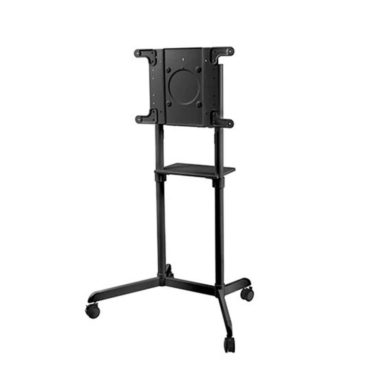 Een zwarte tv-standaard met wielen, met een plank en een beugel voor de tv.