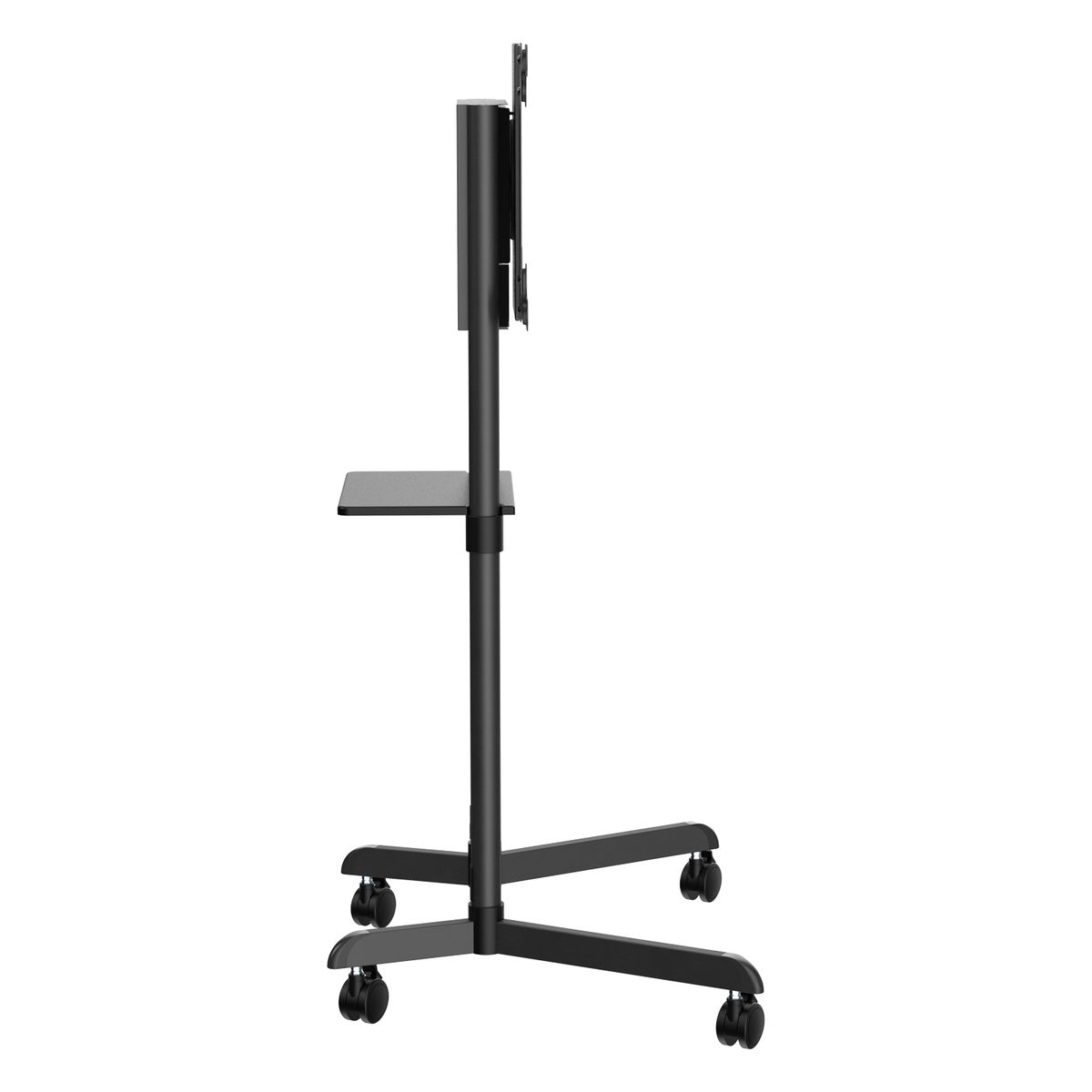 Zwarte tv-standaard met wielen, een plank en een verticale standaard voor de tv.