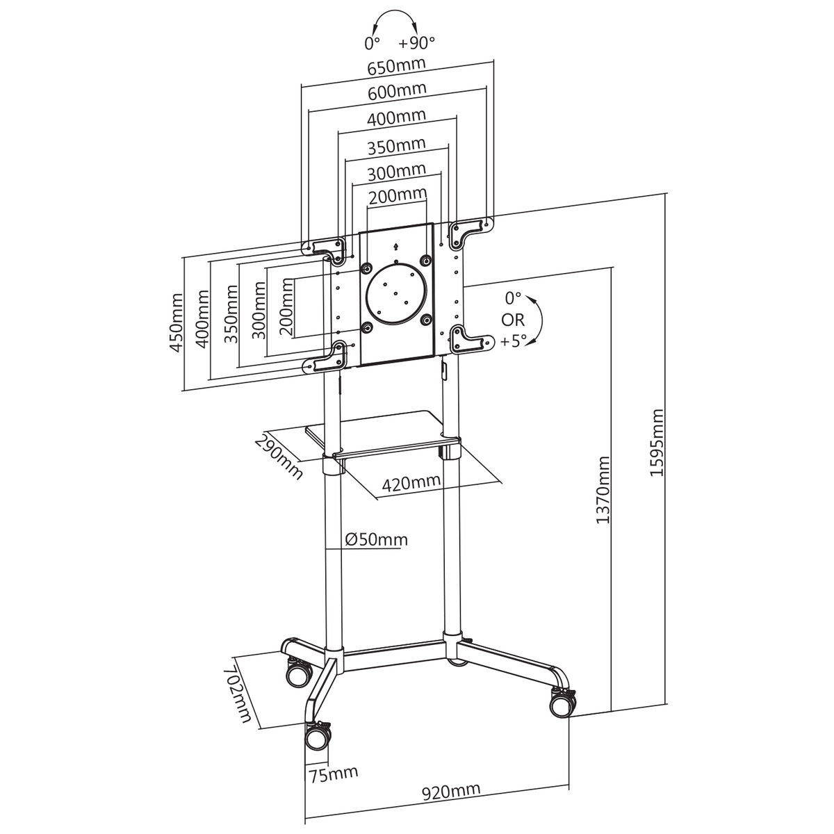 Diagram van een tv-standaard met afmetingen. De standaard staat op wielen en heeft een plank.