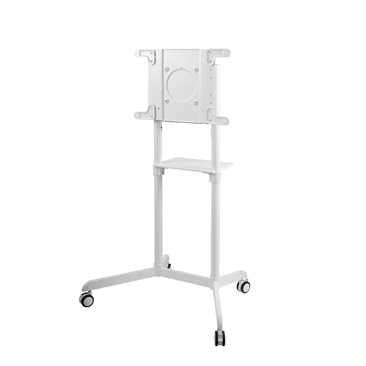 Witte tv-standaard op wielen met een plank en montageplaat, geïsoleerd op een witte achtergrond.