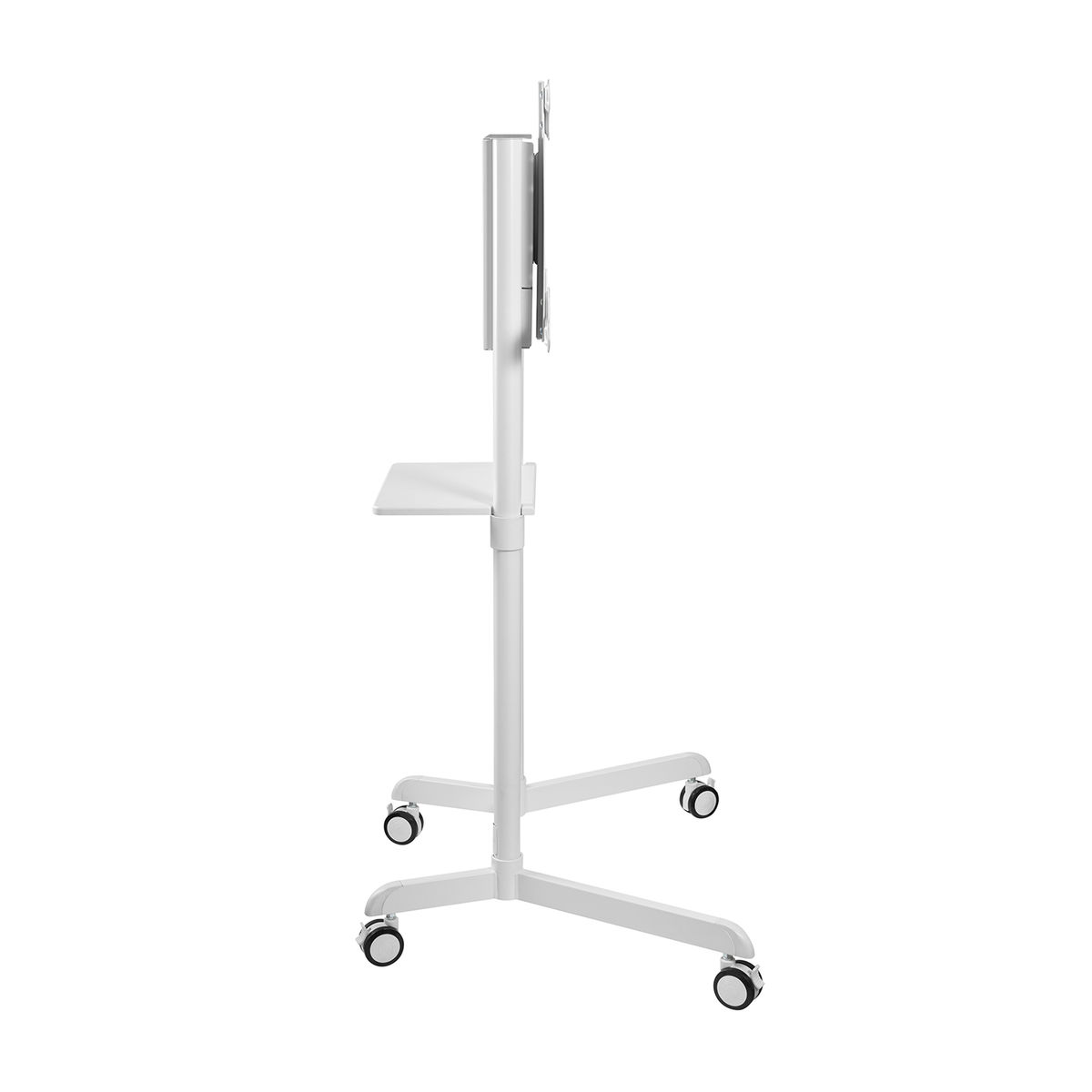 Witte monitorstandaard met wielen. Voorzien van een plank en een beugel voor een scherm.