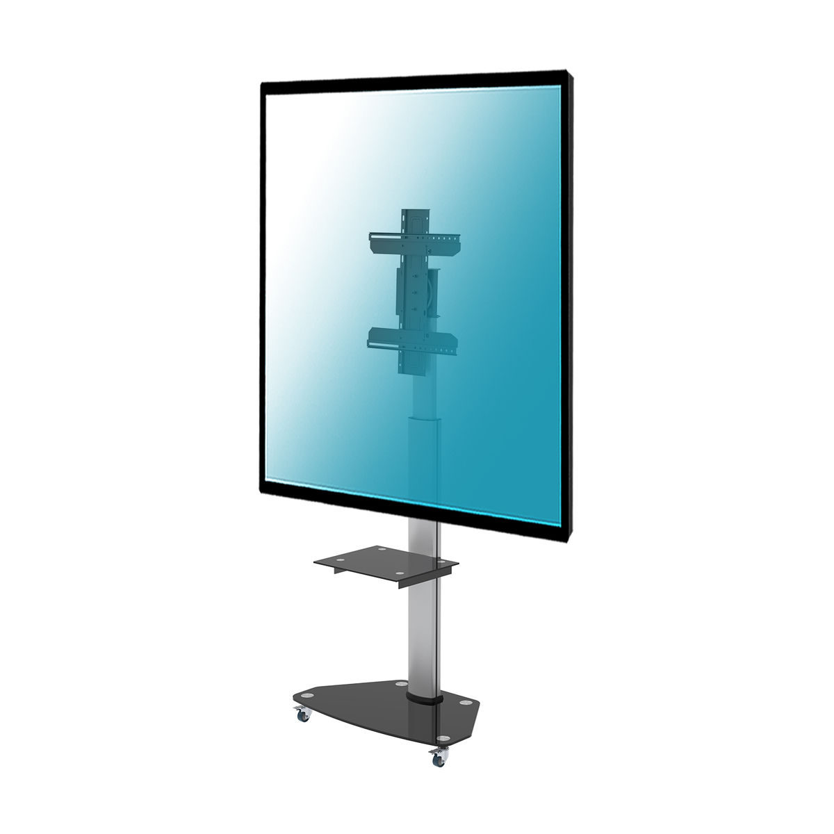 Een tv-standaard met een groot scherm en een montagebeugel. Het scherm heeft een blauwe gradiënt.