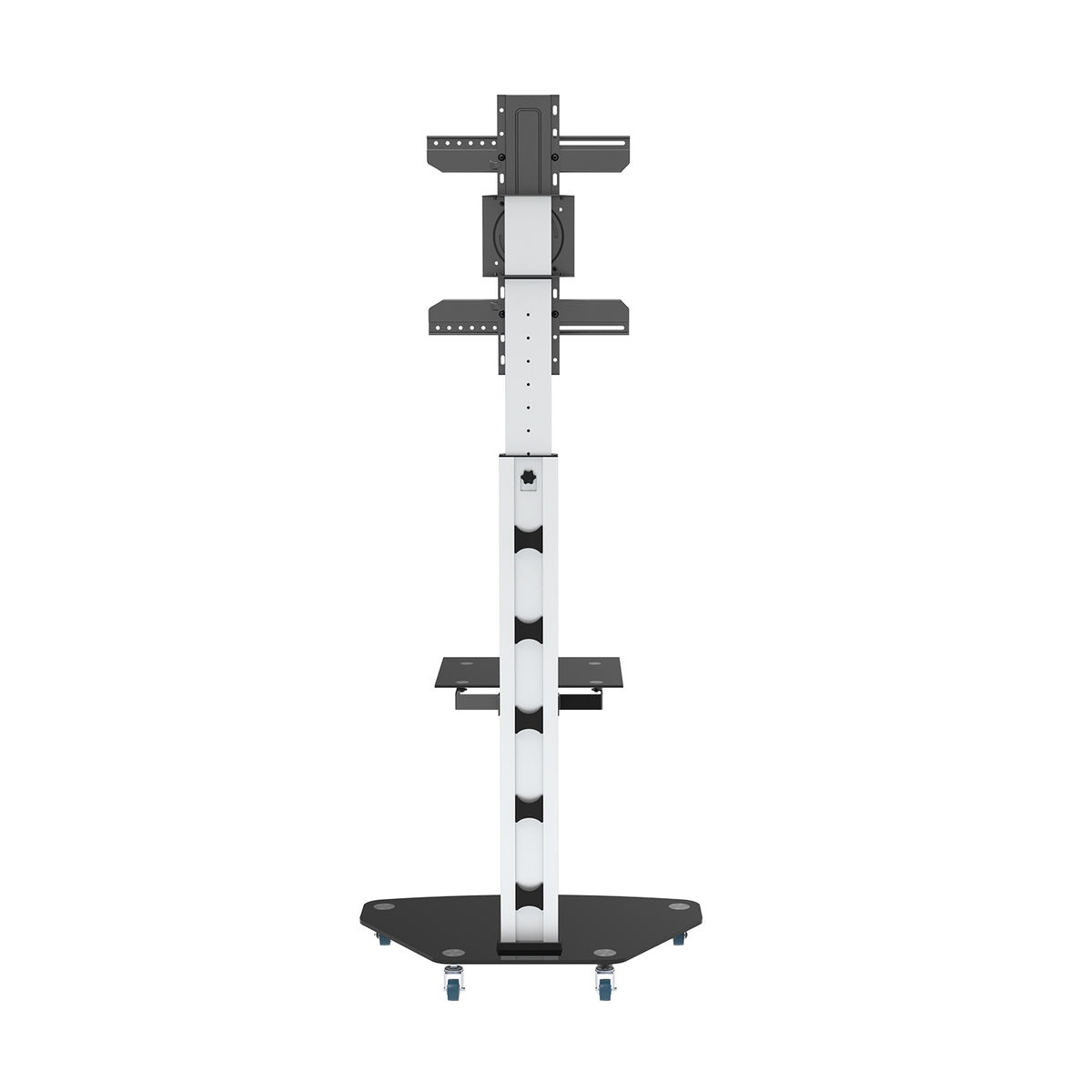 Een zwart-witte tv-standaard op wielen. Het heeft verschillende planken en beugels.