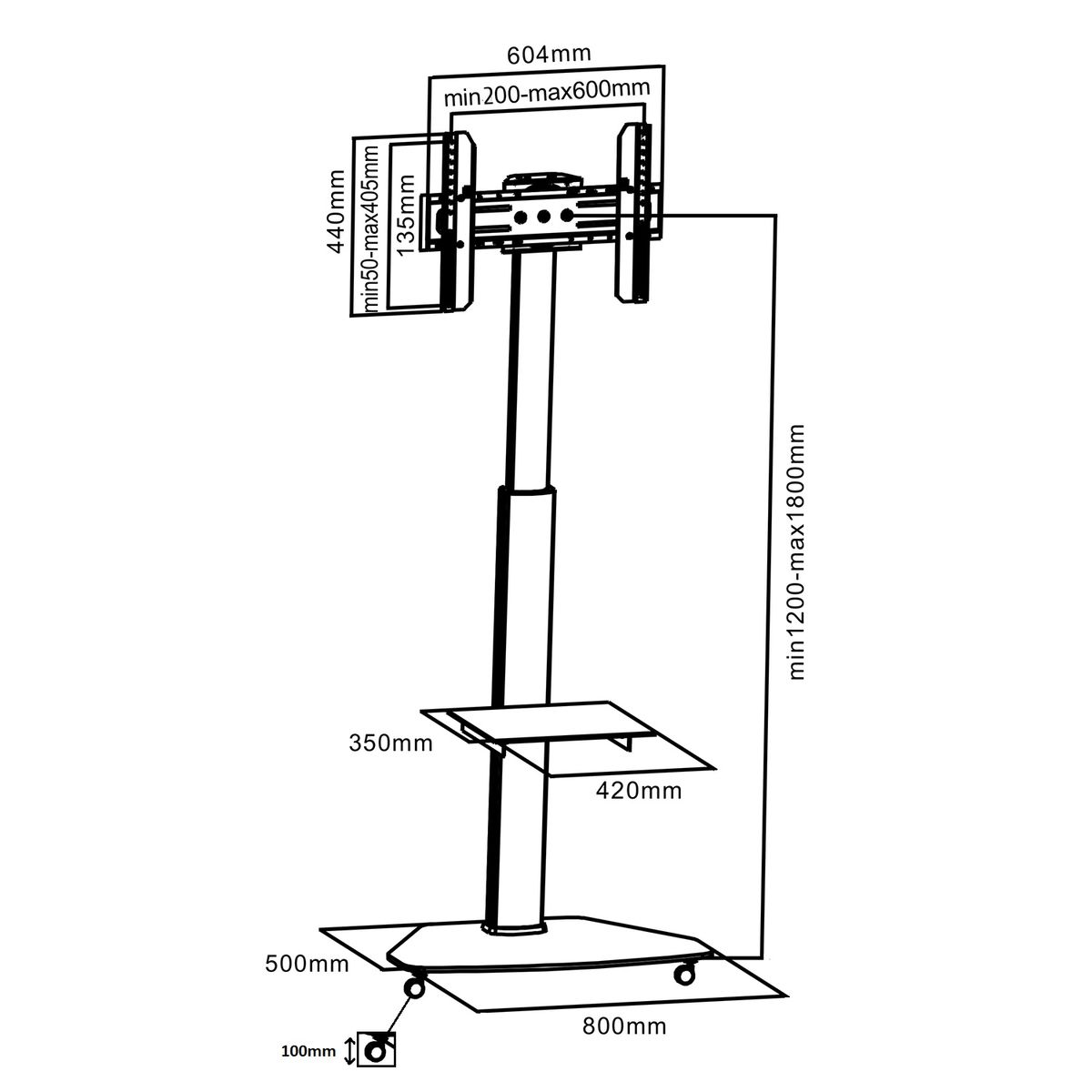 Technische tekening van een tv-standaard met afmetingen. Toont afmetingen en kenmerken van de standaard.