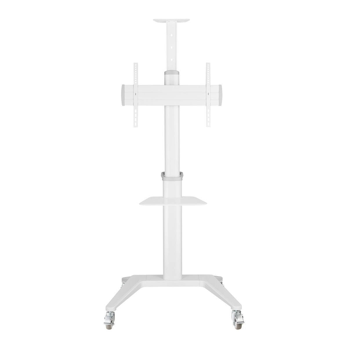 Een witte tv-standaard met wielen, een plank en verstelbare beugels voor een tv.