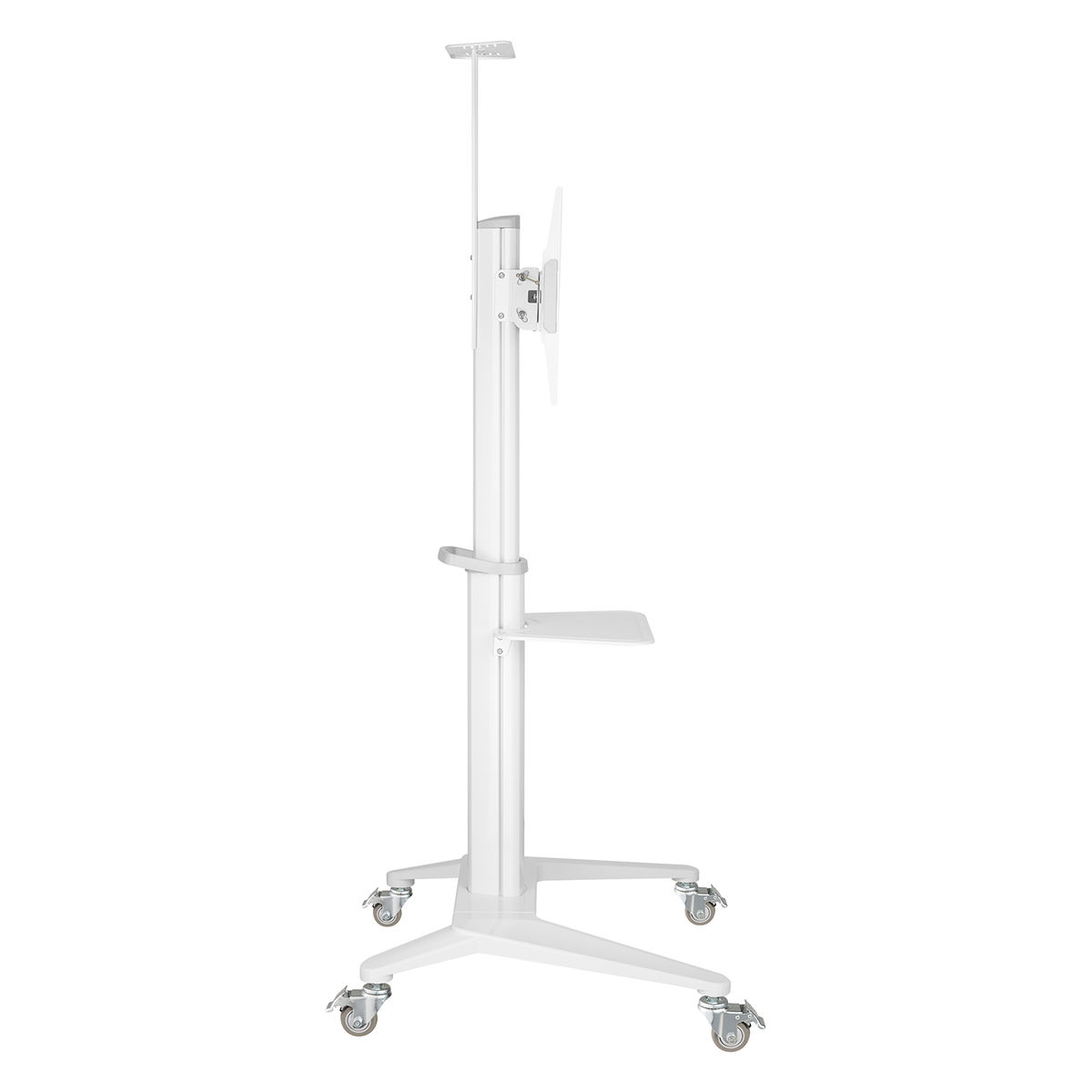 Witte, verrijdbare tv-standaard met een plank en een monitor.