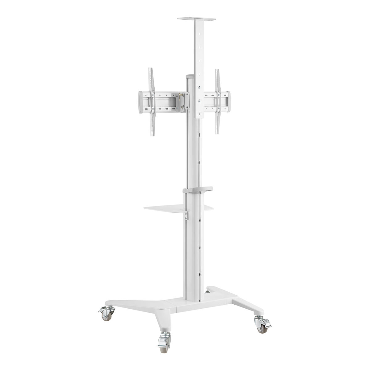 Witte tv-standaard met wielen, twee schermhouders en een plank.