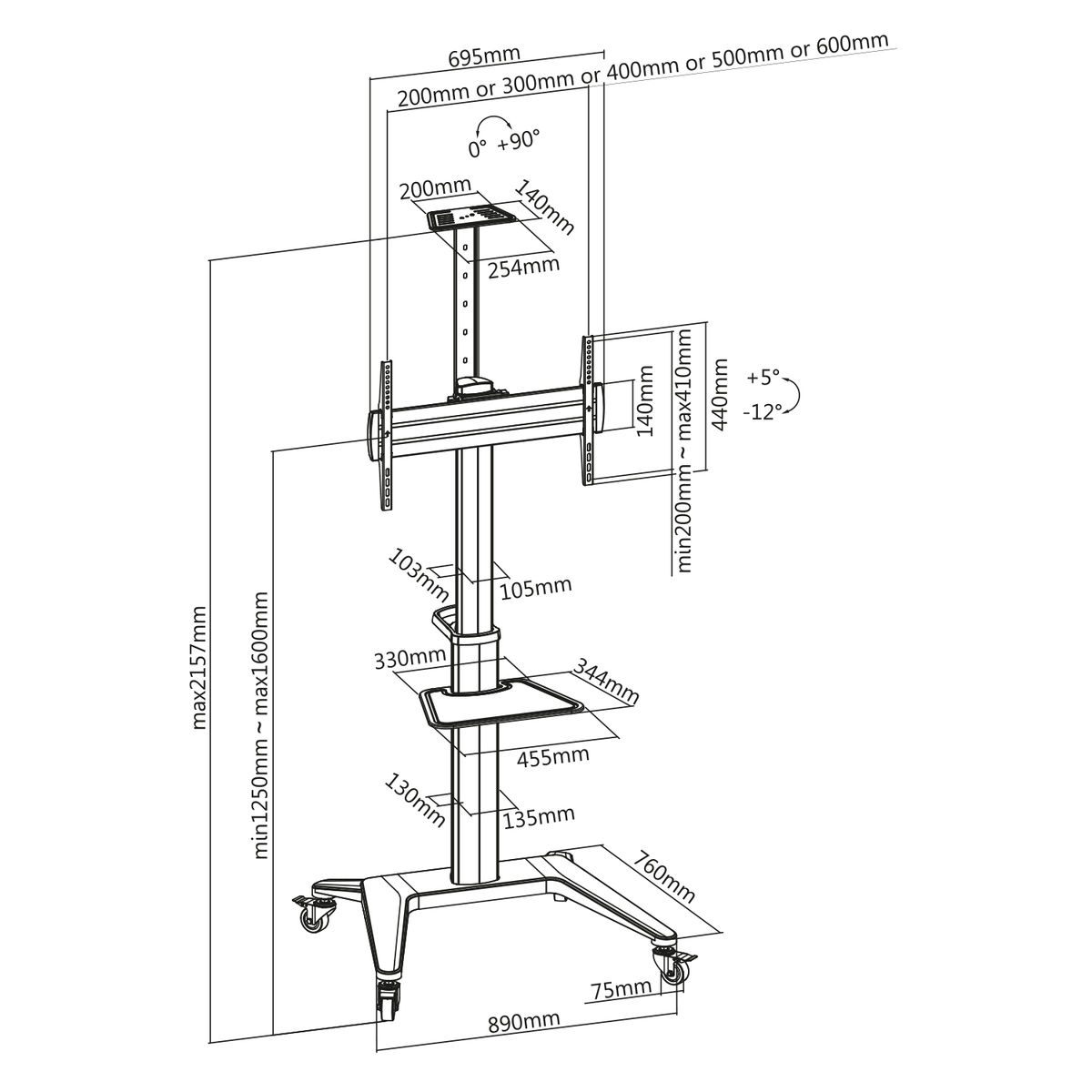 Diagram van een tv-standaard met afmetingen. Bevat een tv-beugel, een plank en wielen.
