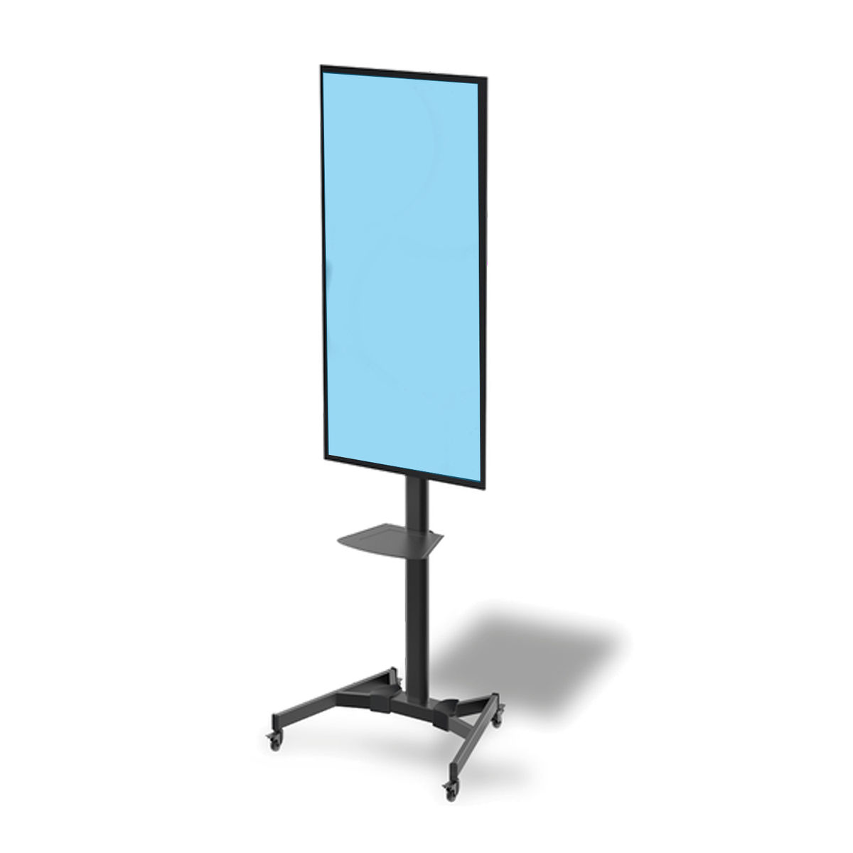 Een zwarte tv-standaard met een groot, lichtblauw scherm op een witte achtergrond.
