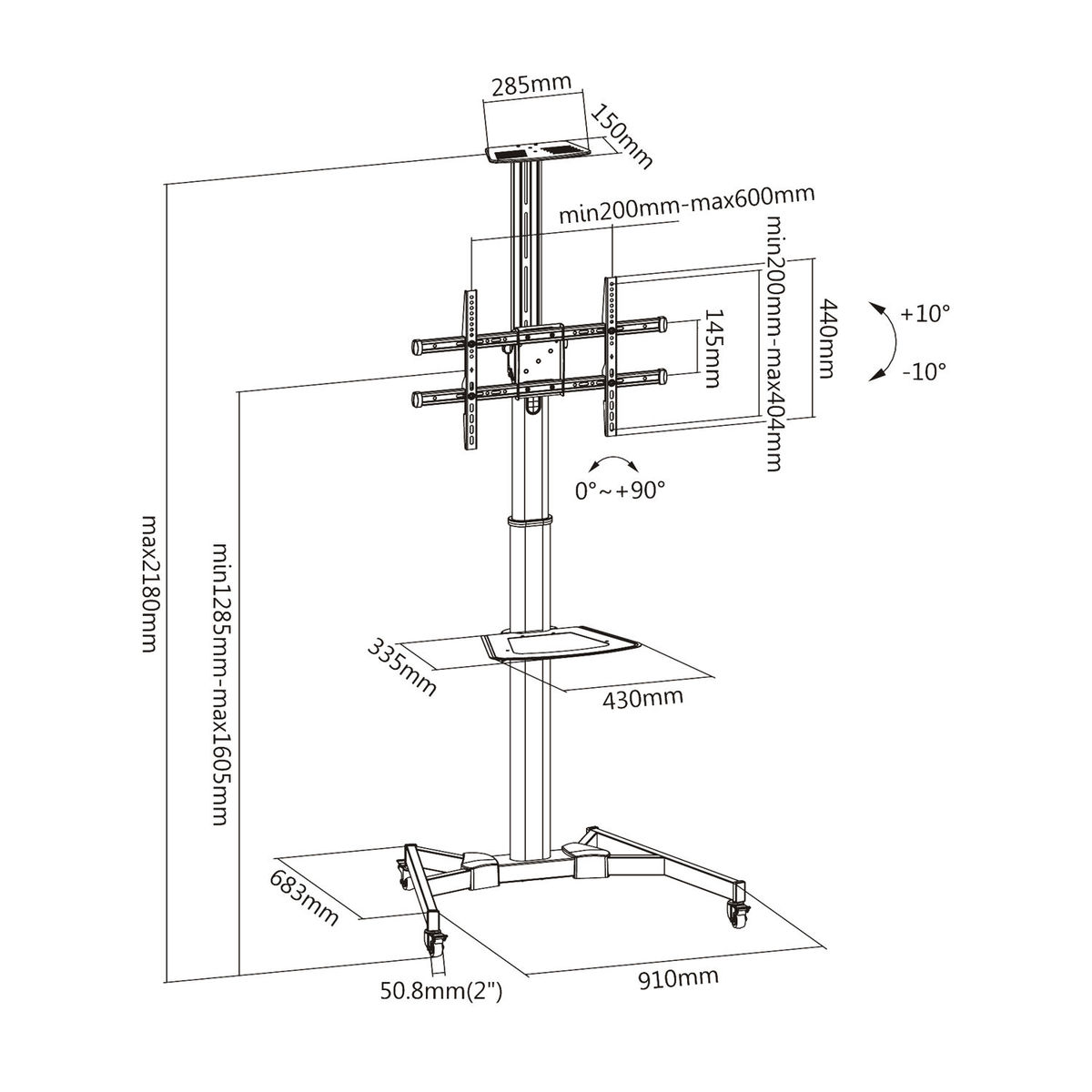 Technische tekening van een tv-standaard met afmetingen. Het heeft een basis, paal en bevestiging voor de tv.