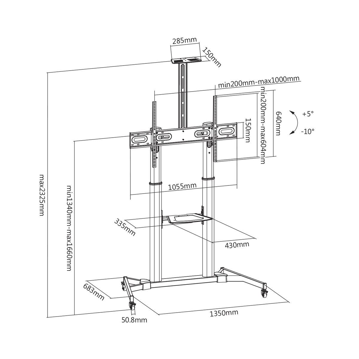 Technische tekening van een tv-standaard met afmetingen. Zwarte lijnen op witte achtergrond.