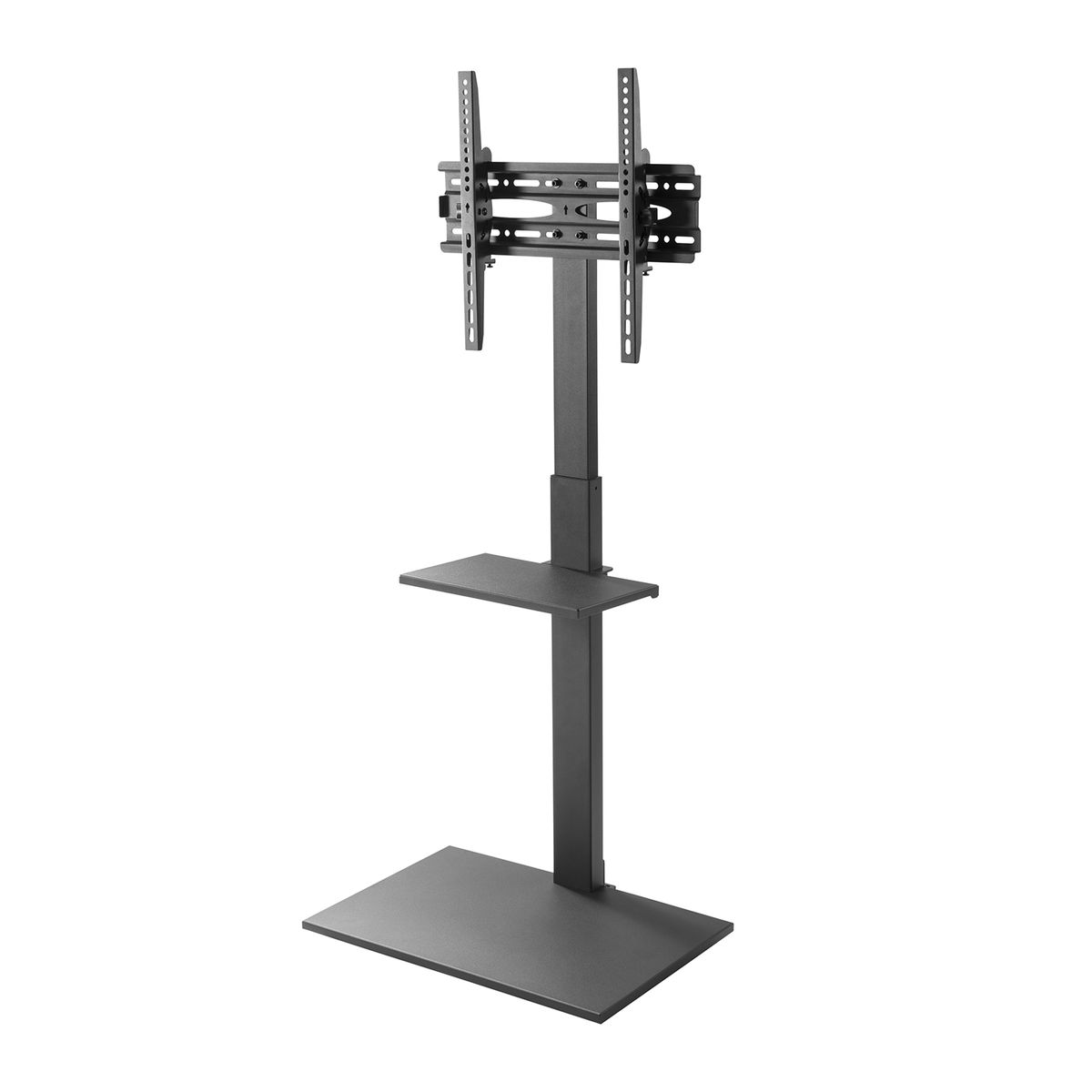 A black TV stand with a TV mount, a shelf, and a base. The TV mount is empty.