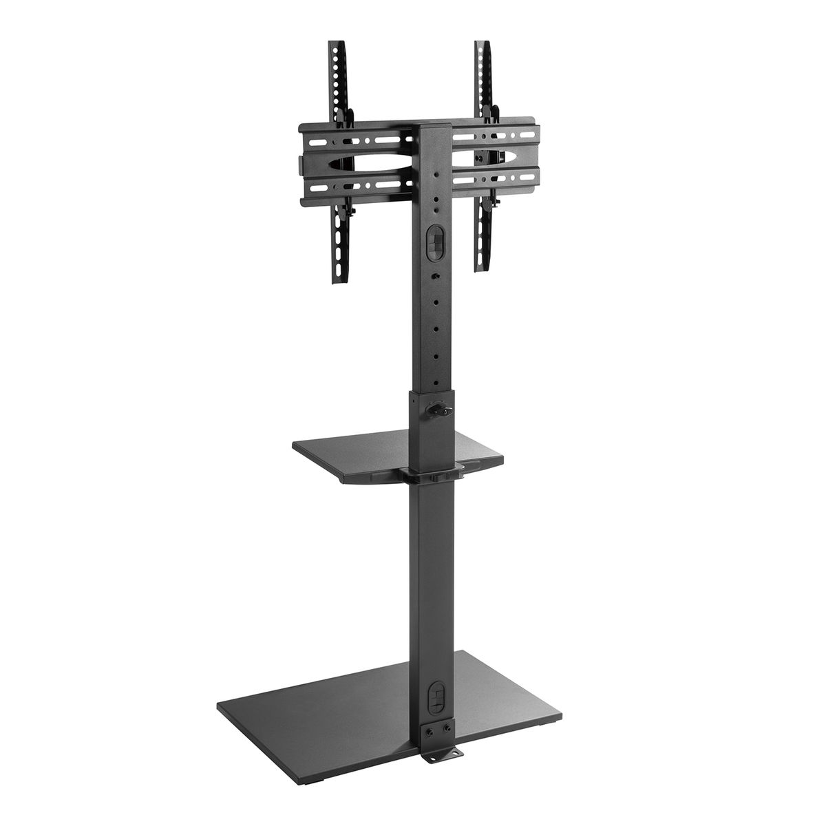 A black TV stand with a shelf. It has a rectangular base and a stand for a TV.