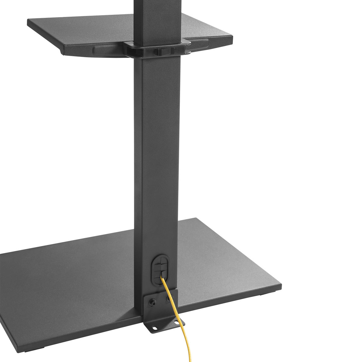 Black metal stand with shelves, showing a yellow cable. The stand is against a white backdrop.