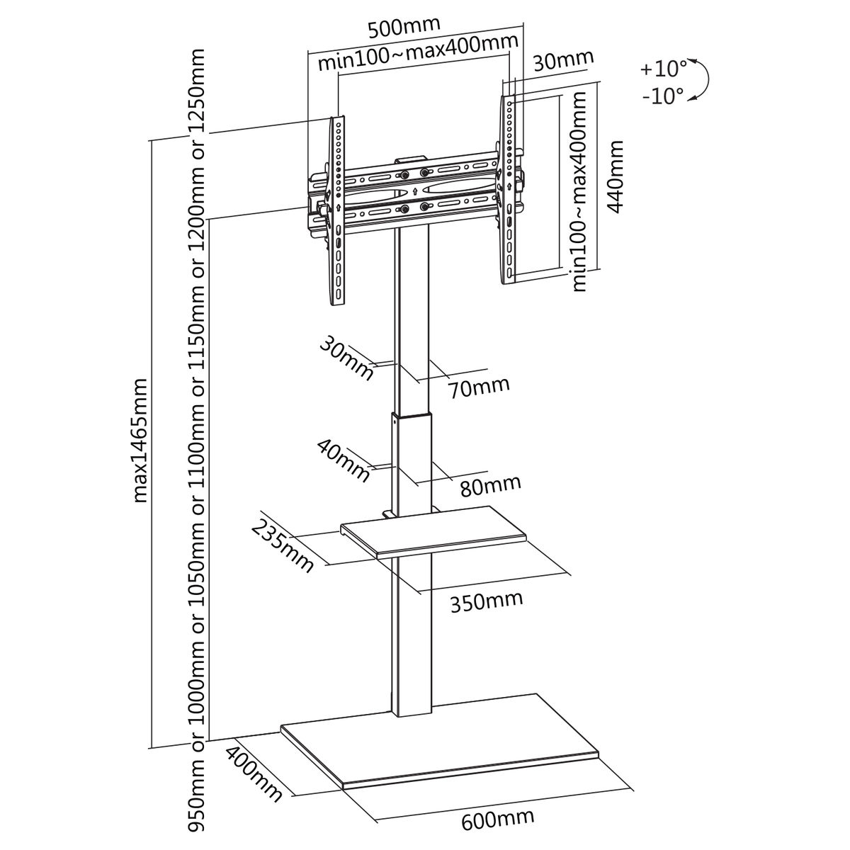 Diagram showing dimensions of a TV stand. Measurements include height, width, and depth in mm.