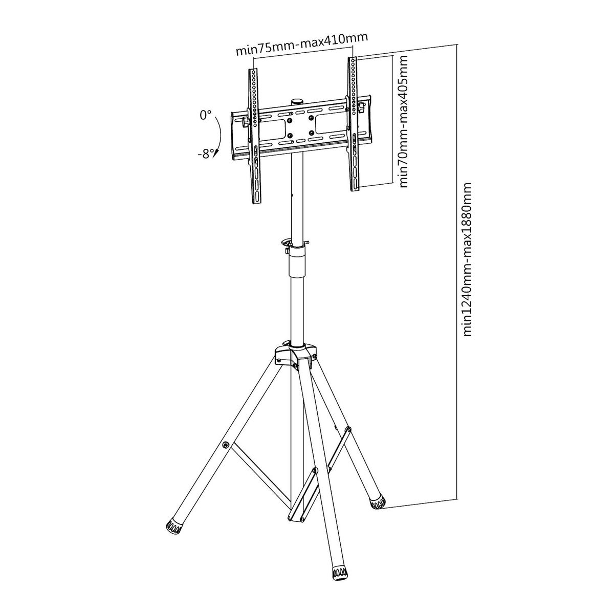 Soporte de TV con un marco negro que sostiene un televisor, con medidas proporcionadas.