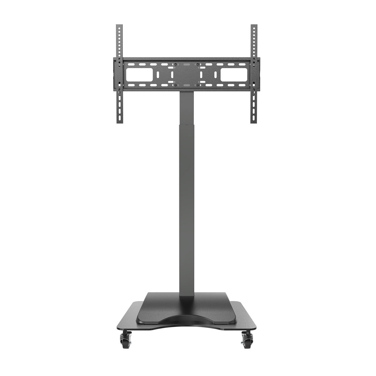 Zwarte tv-standaard met wielen, met een tv-beugel. Witte achtergrond.
