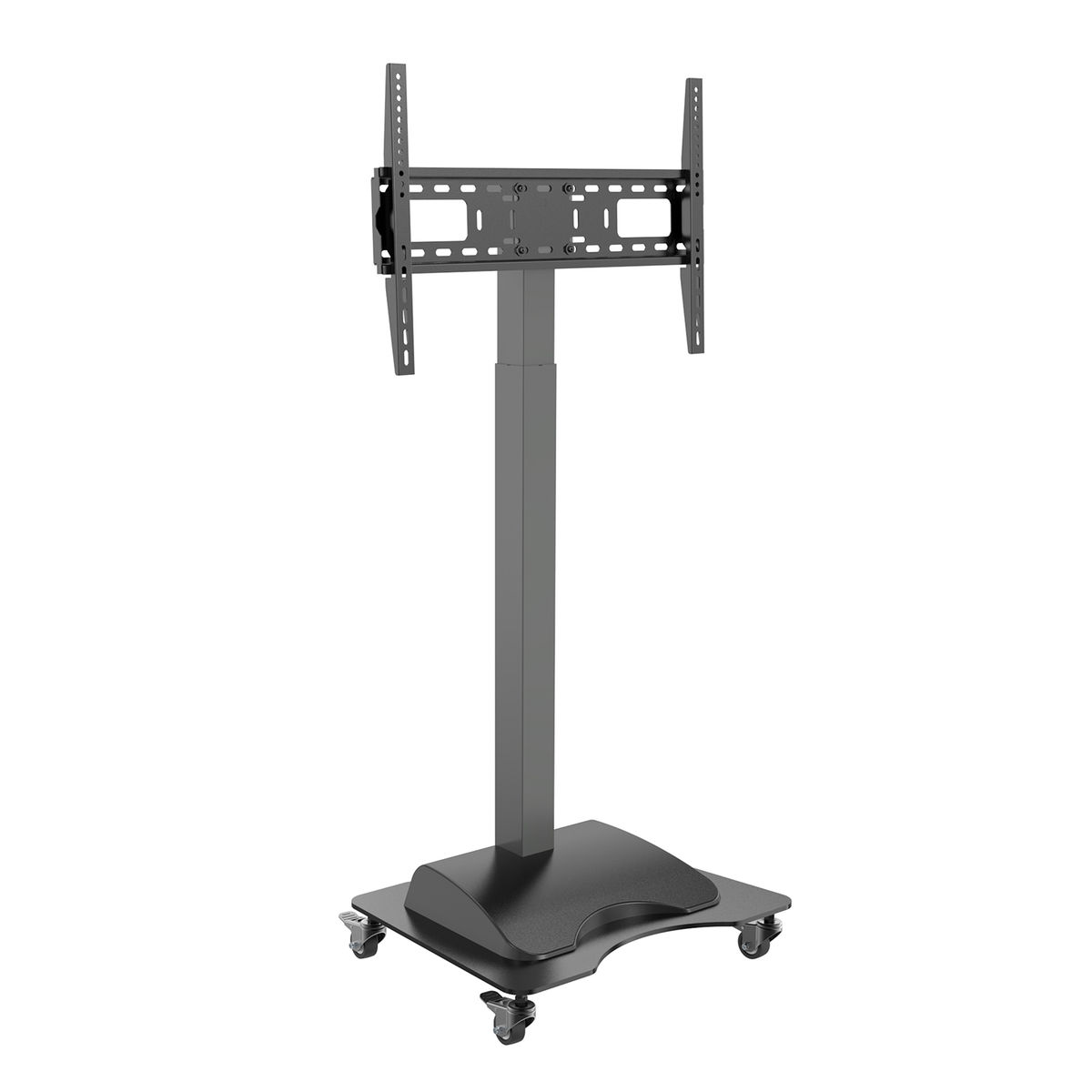 Zwarte en grijze tv-standaard met wielen, met een beugel voor een tv.