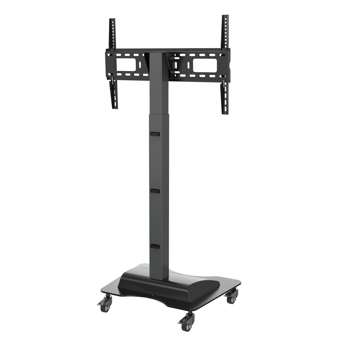 Een zwart en grijze tv-standaard op wielen, klaar voor het monteren van een televisie.