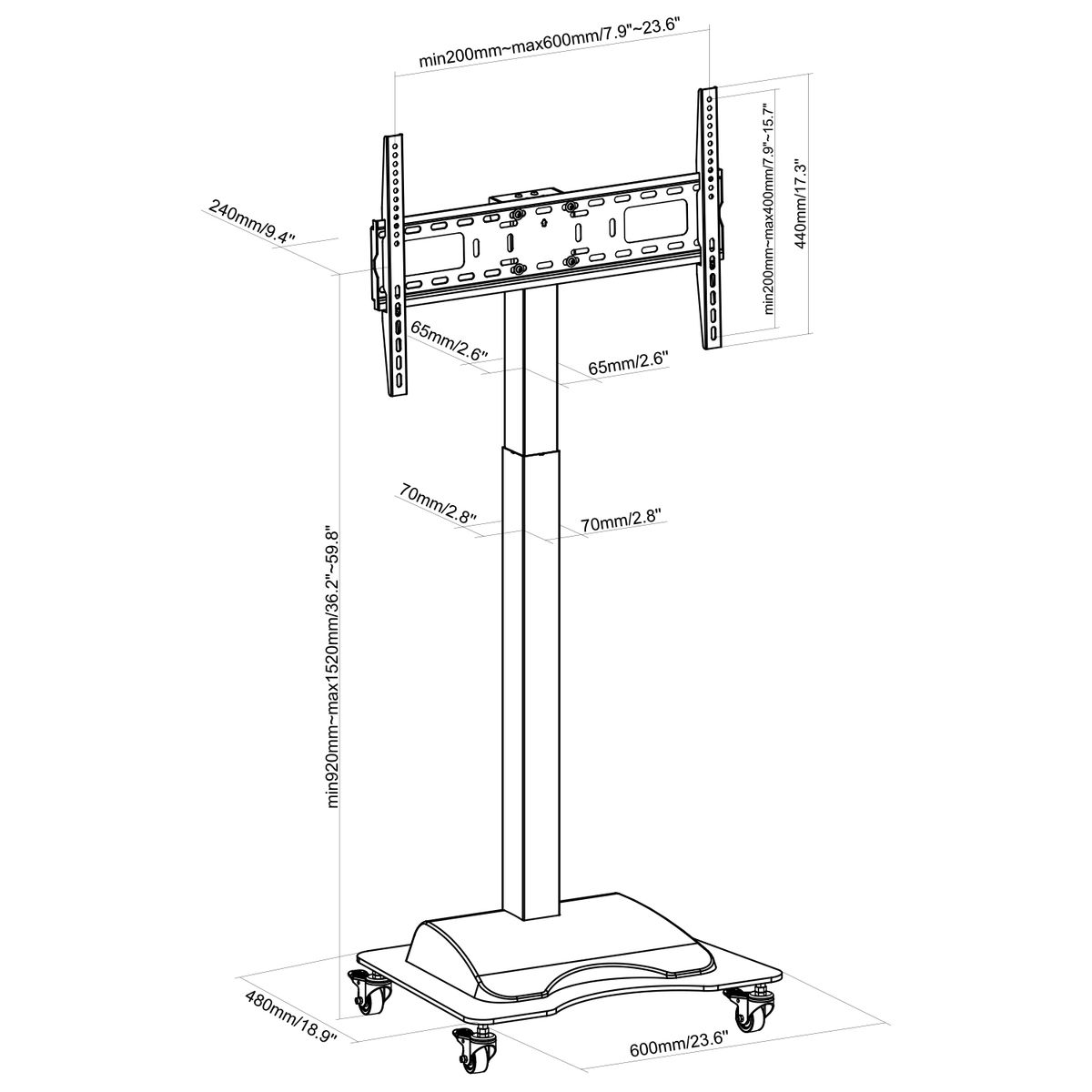 Tv-standaard met afmetingen. Zwarte standaard met wielen en een tv-beugel.