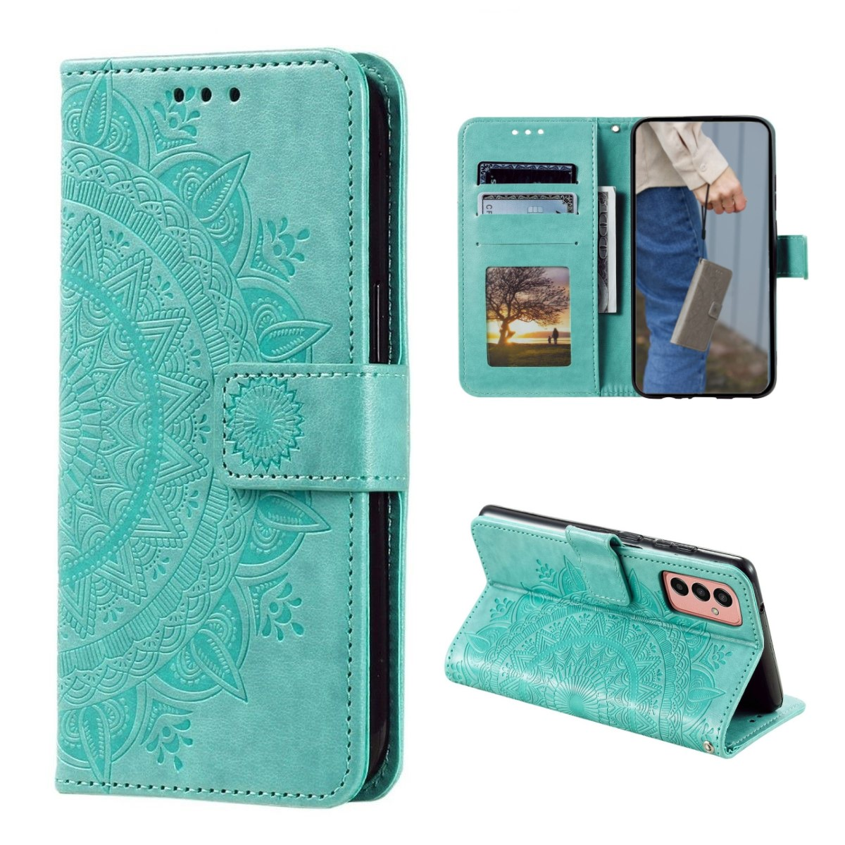 Türkis Handyhülle mit Mandala-Design und einem Telefon.